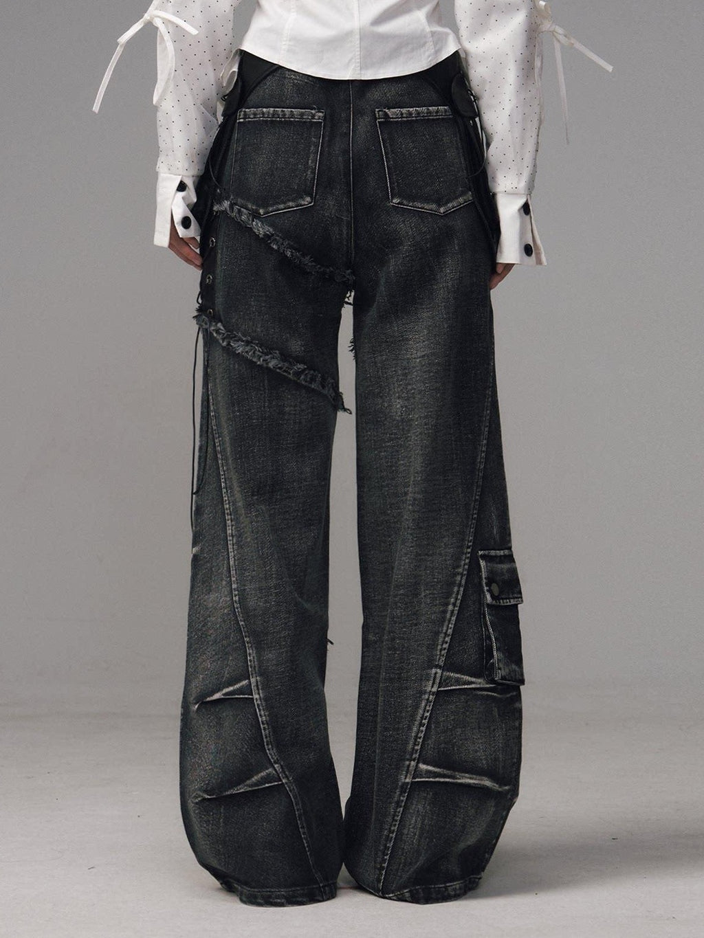 Frustration Garden Raw Hem Asymmetric Street Style Natural Waist Women Black Grey Wide-Leg Jeans