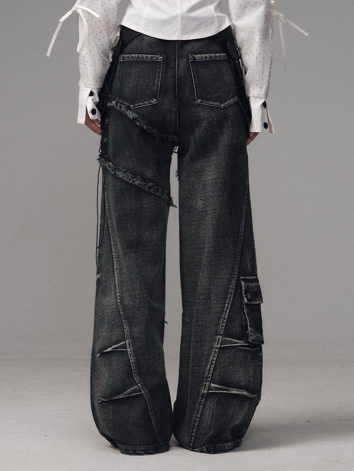Frustration Garden Raw Hem Asymmetric Street Style Natural Waist Women Black Grey Wide-Leg Jeans