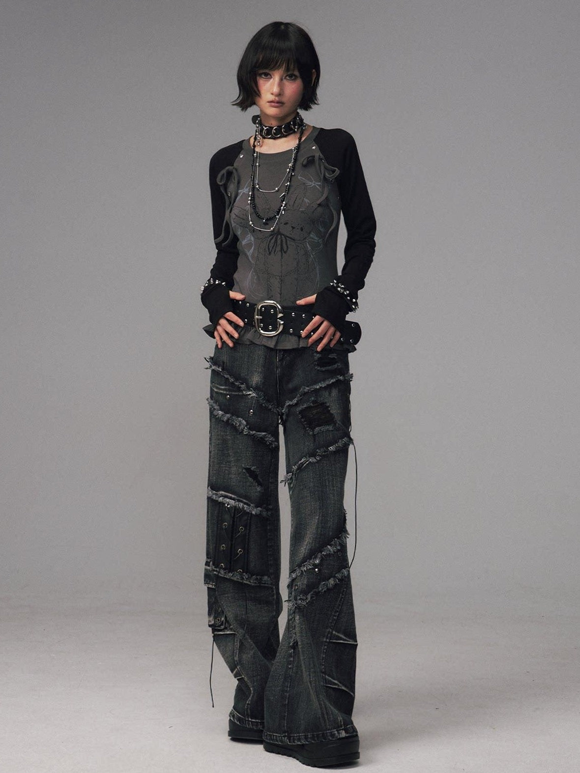 Frustration Garden Raw Hem Asymmetric Street Style Natural Waist Women Black Grey Wide-Leg Jeans