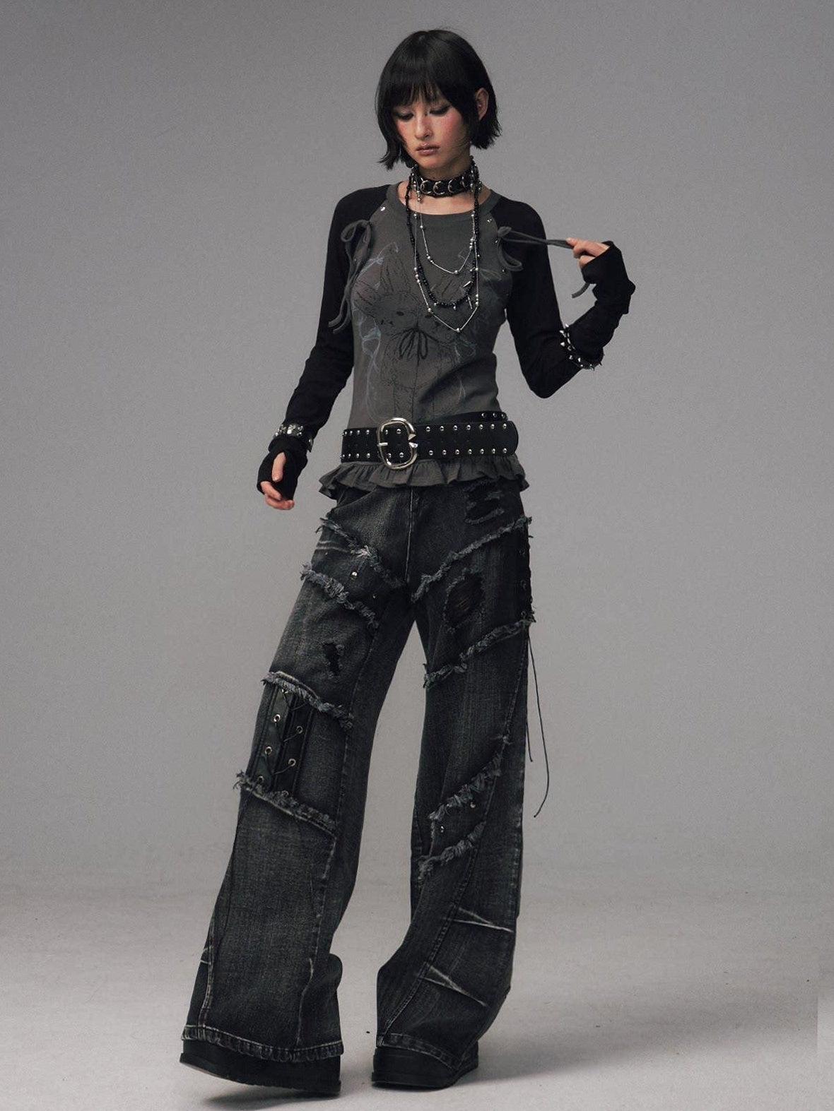 Frustration Garden Raw Hem Asymmetric Street Style Natural Waist Women Black Grey Wide-Leg Jeans