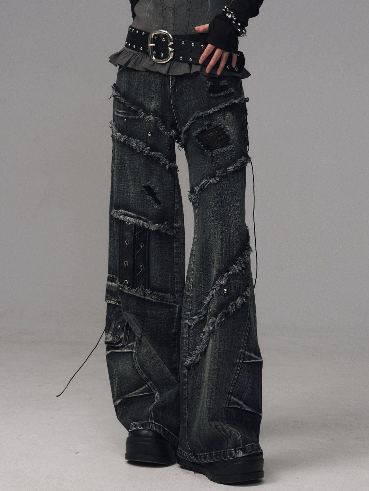 Frustration Garden Raw Hem Asymmetric Street Style Natural Waist Women Black Grey Wide-Leg Jeans