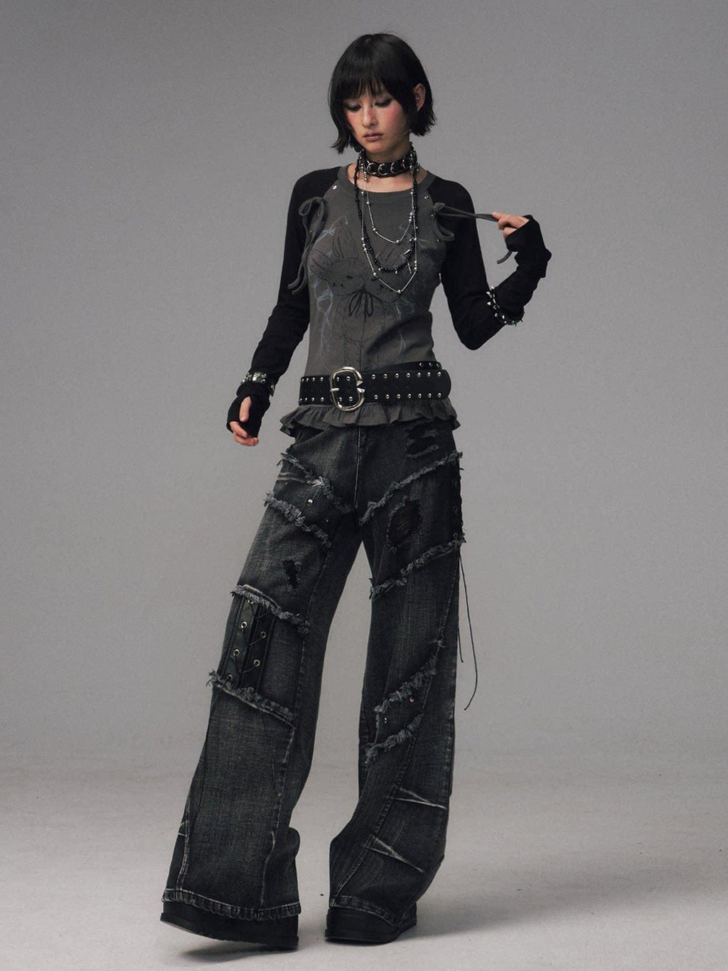 Frustration Garden Raw Hem Asymmetric Street Style Natural Waist Women Black Grey Wide-Leg Jeans