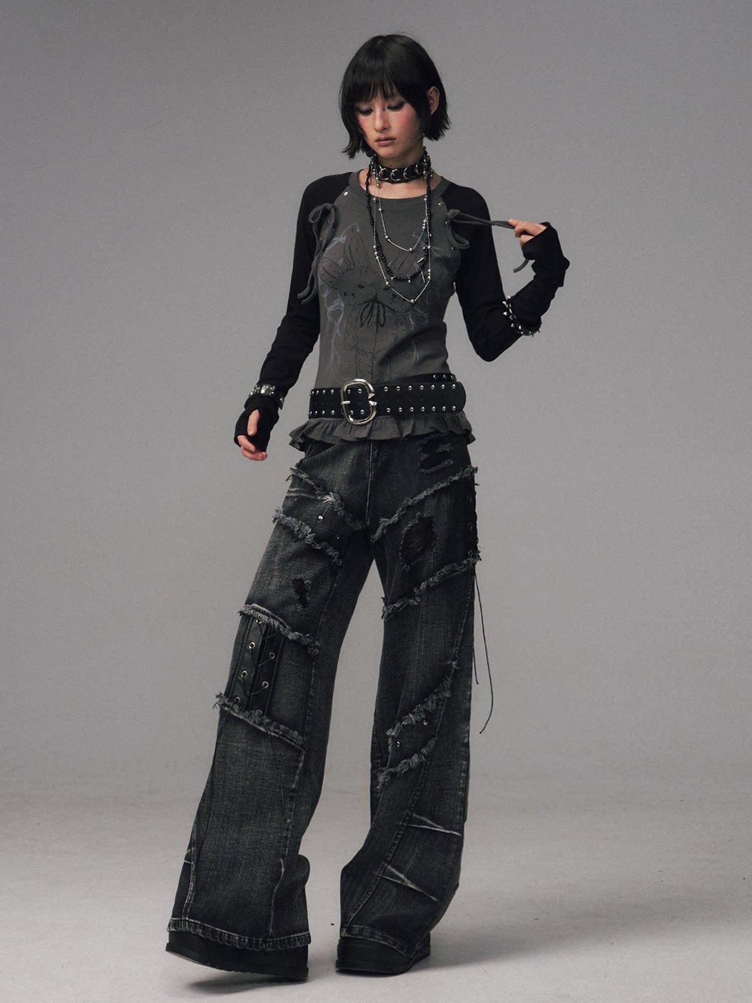 Frustration Garden Raw Hem Asymmetric Street Style Natural Waist Women Black Grey Wide-Leg Jeans