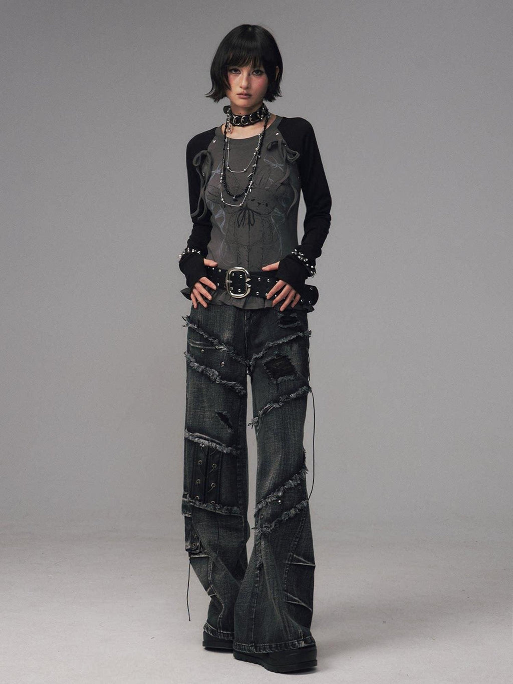 Frustration Garden Raw Hem Asymmetric Street Style Natural Waist Women Black Grey Wide-Leg Jeans