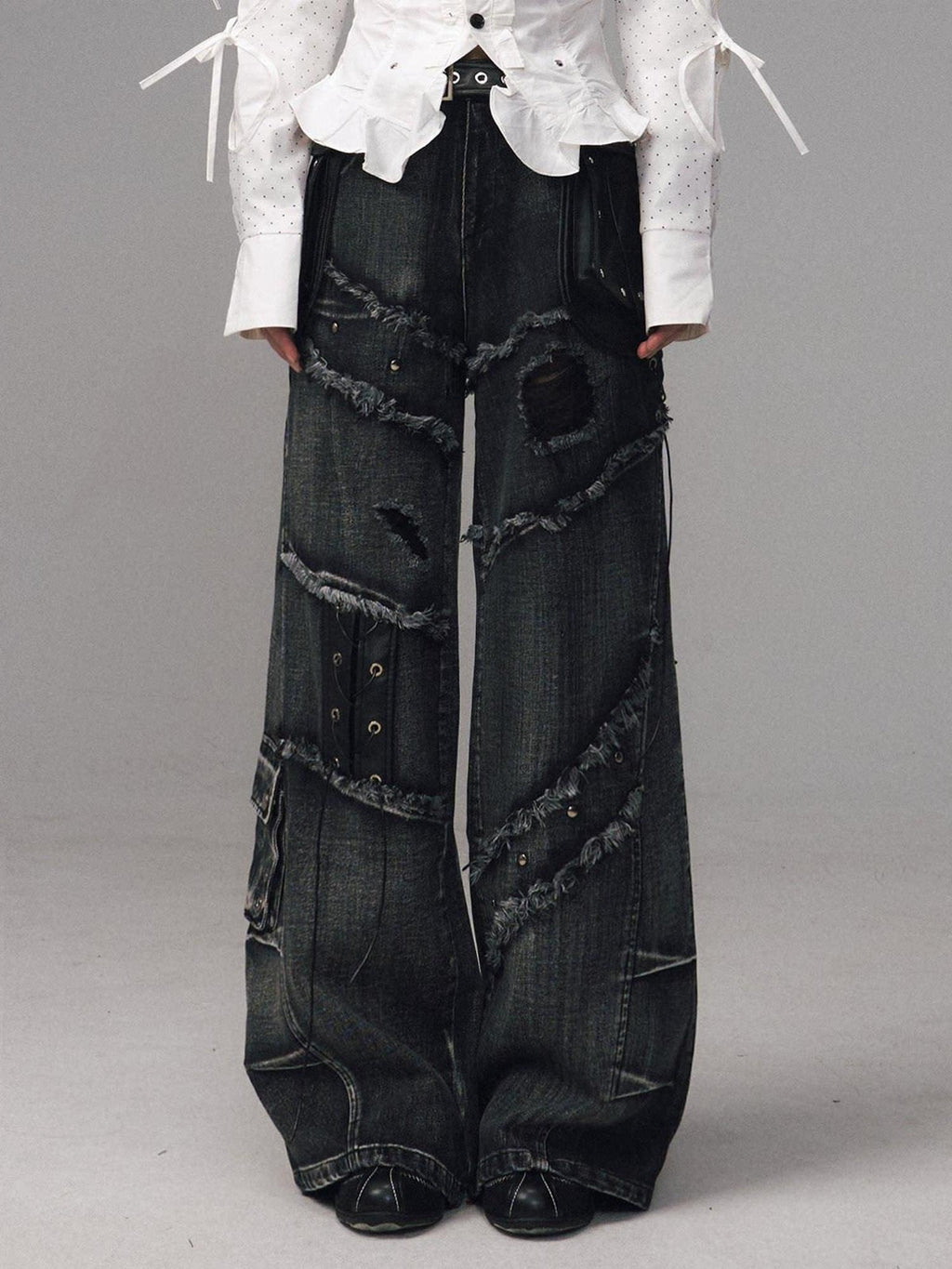 Frustration Garden Raw Hem Asymmetric Street Style Natural Waist Women Black Grey Wide-Leg Jeans