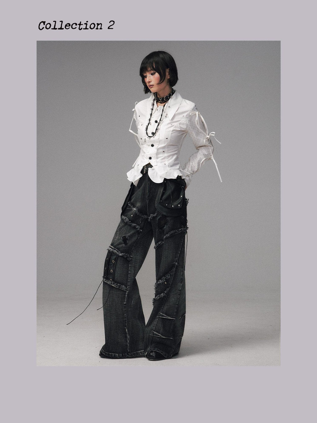 Frustration Garden Raw Hem Asymmetric Street Style Natural Waist Women Black Grey Wide-Leg Jeans