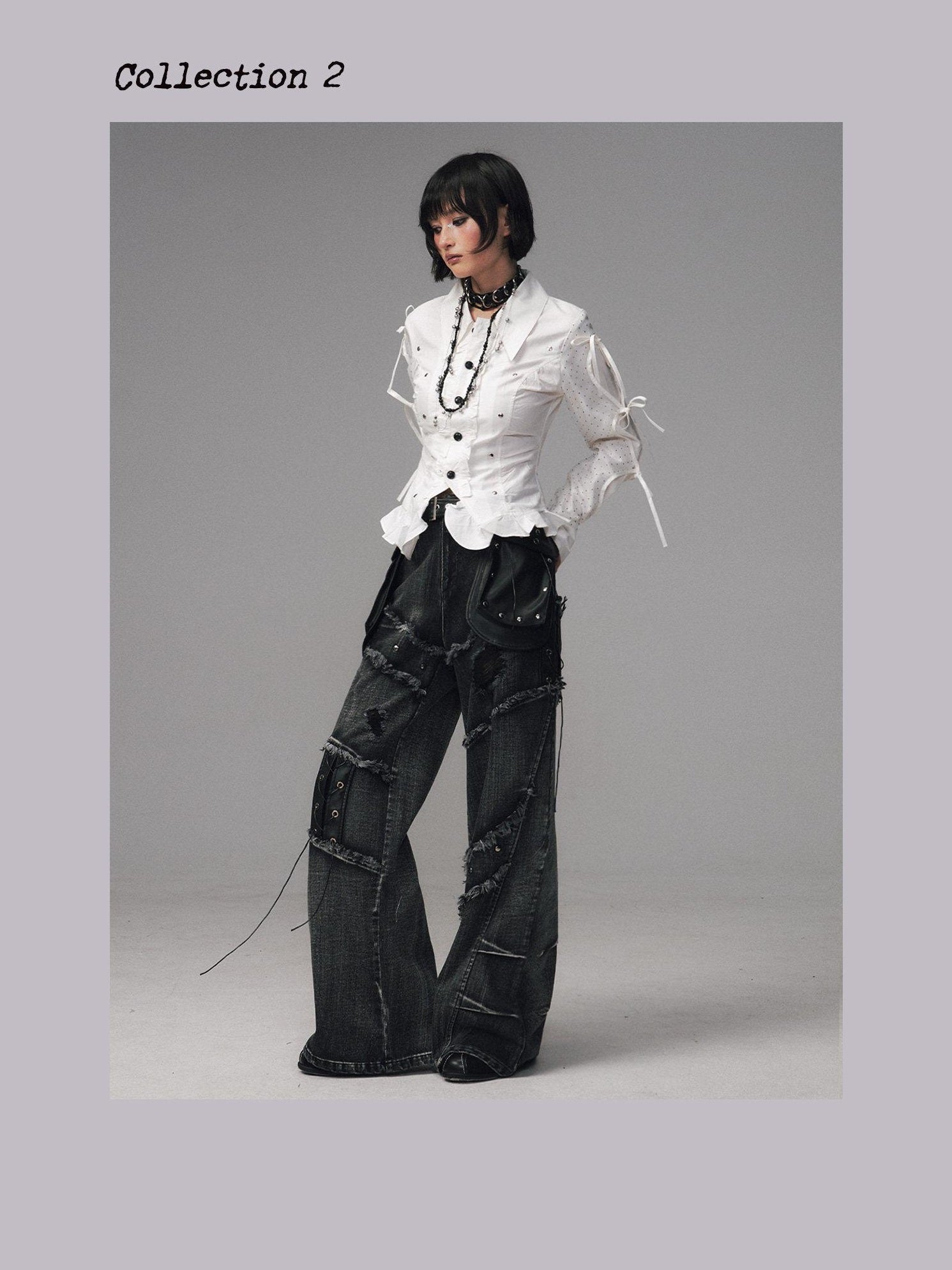 Frustration Garden Raw Hem Asymmetric Street Style Natural Waist Women Black Grey Wide-Leg Jeans