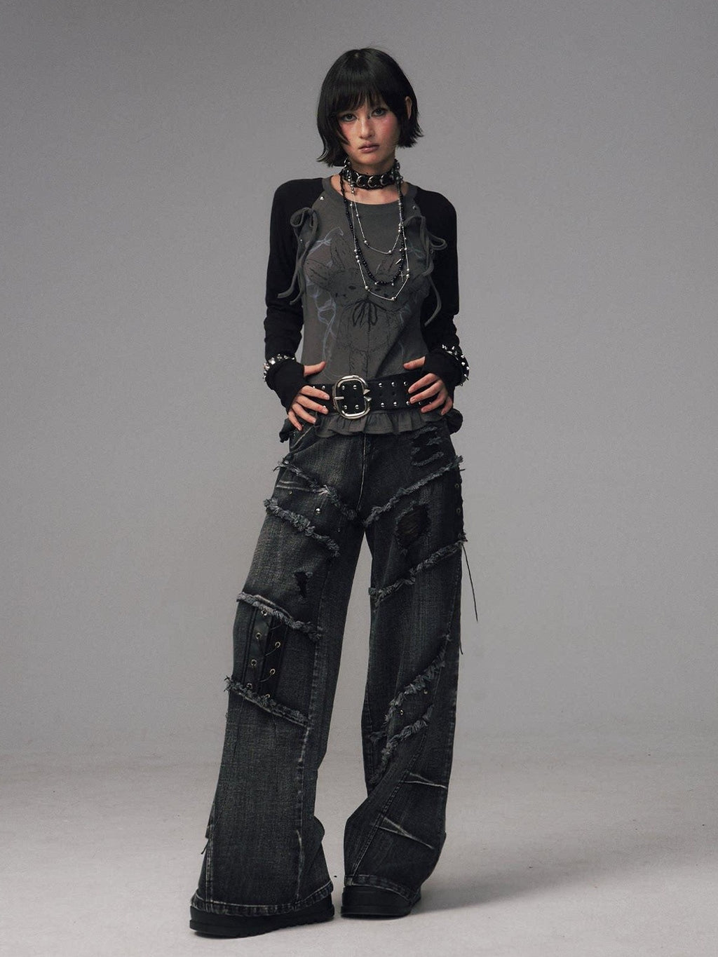 Frustration Garden Raw Hem Asymmetric Street Style Natural Waist Women Black Grey Wide-Leg Jeans