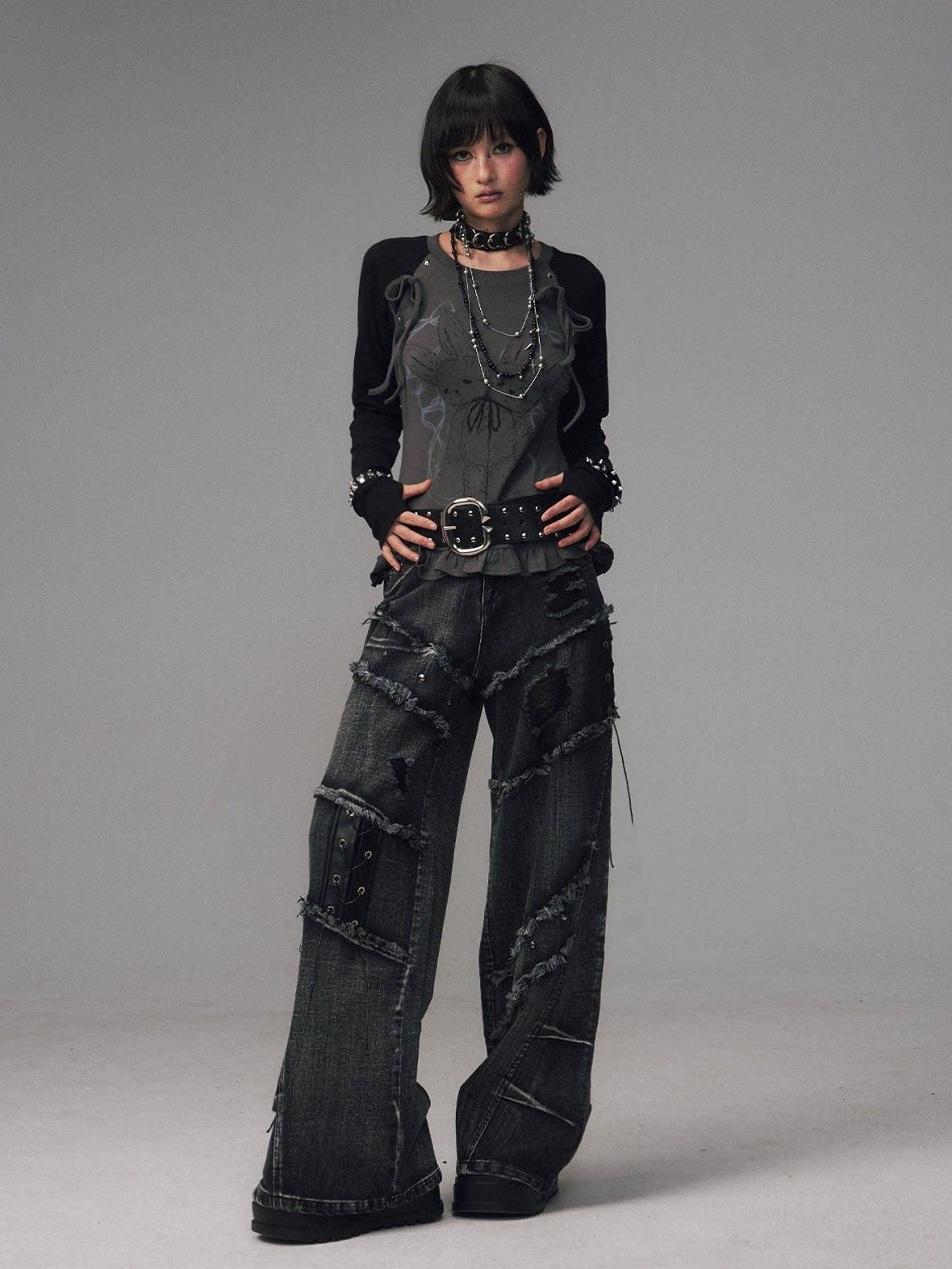 Frustration Garden Raw Hem Asymmetric Street Style Natural Waist Women Black Grey Wide-Leg Jeans