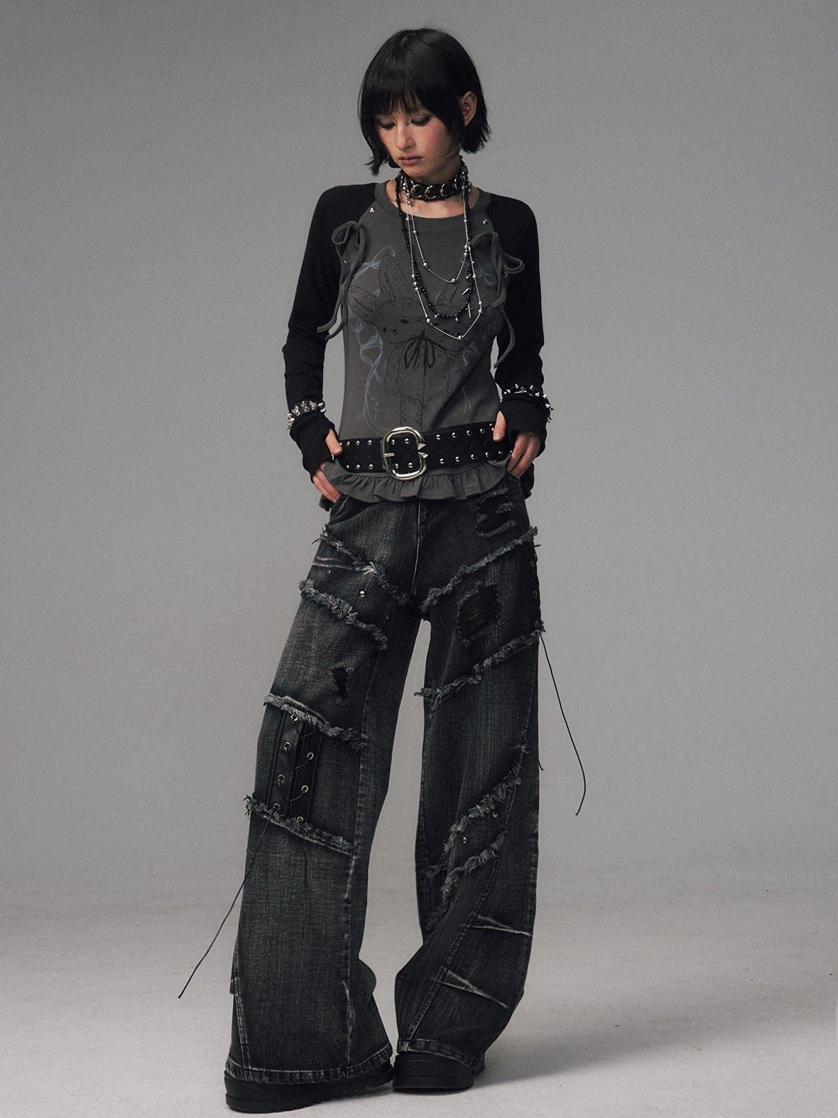 Frustration Garden Raw Hem Asymmetric Street Style Natural Waist Women Black Grey Wide-Leg Jeans