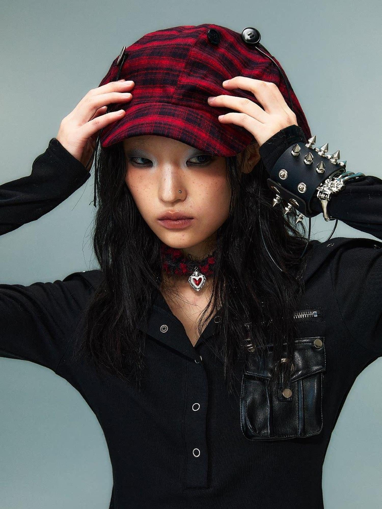 Frustration Garden Red Plaid Flat Brim Octagonal Street Style Unisex Casual Shopping Berets