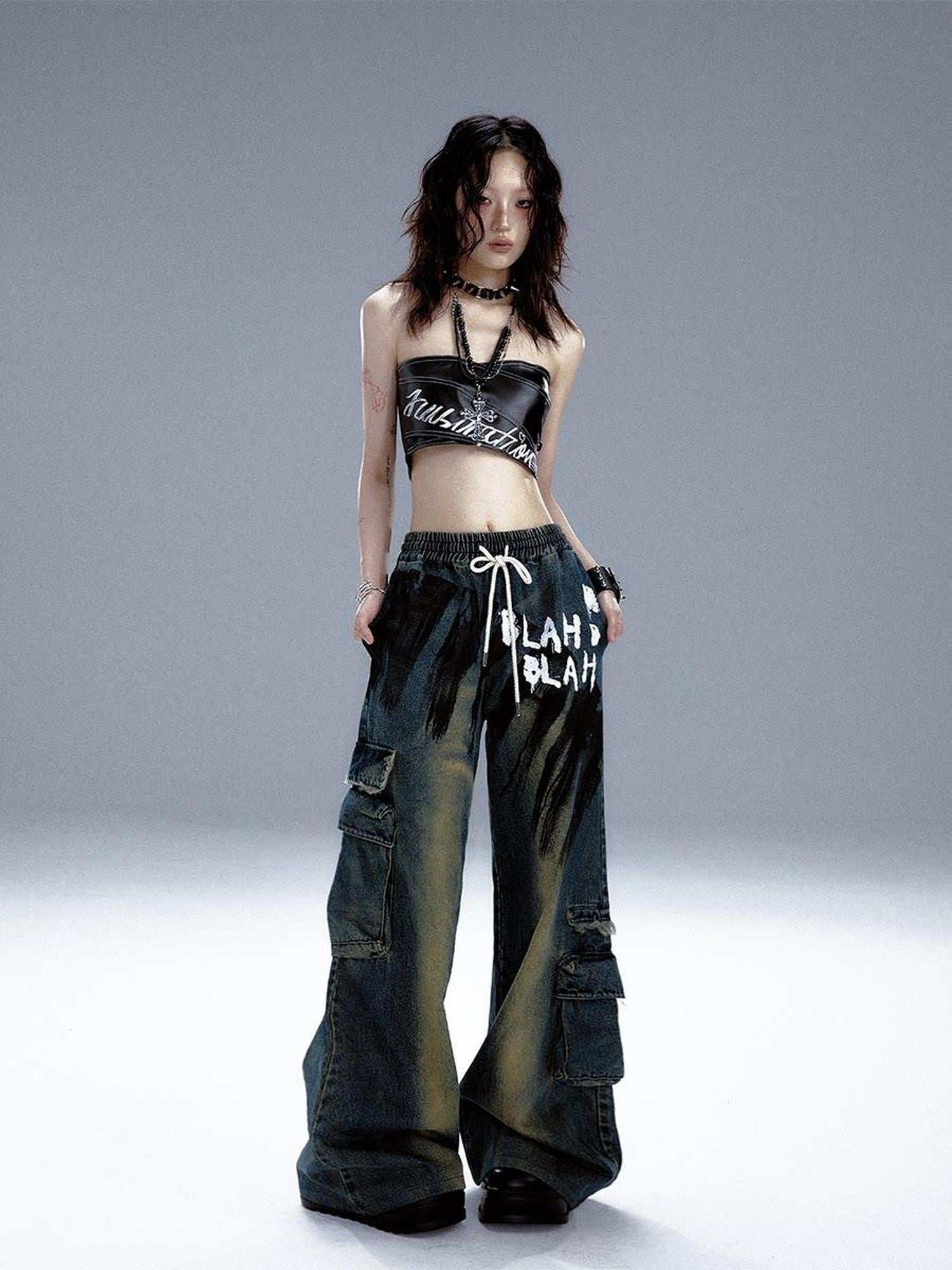 Frustration Garden Retro Blue Natural Waist Punk Loose Fit Women Denim Wide-Leg Jeans