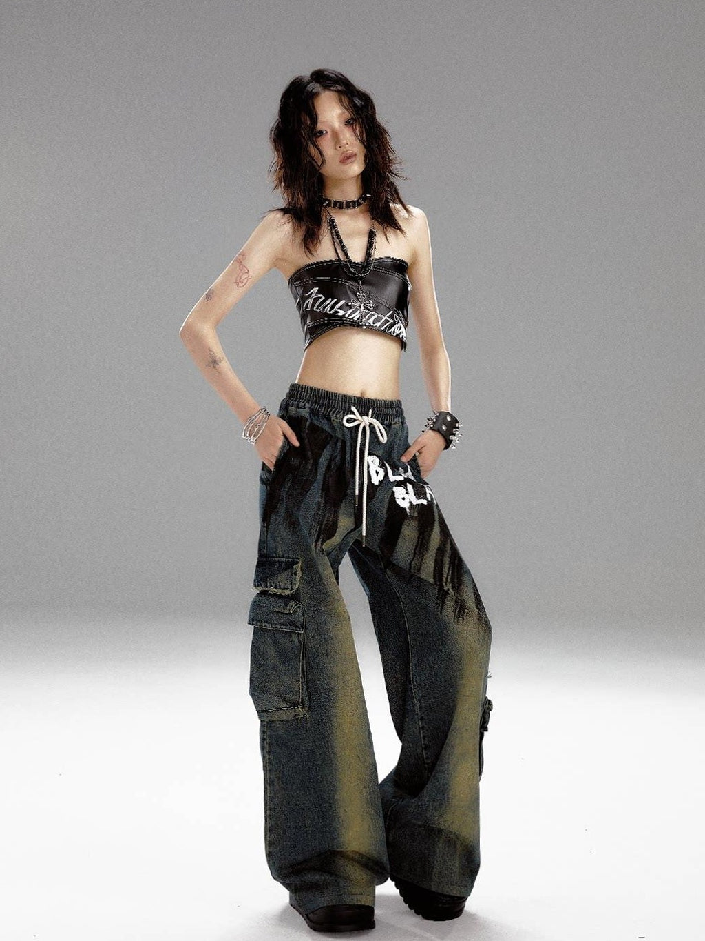 Frustration Garden Retro Blue Natural Waist Punk Loose Fit Women Denim Wide-Leg Jeans