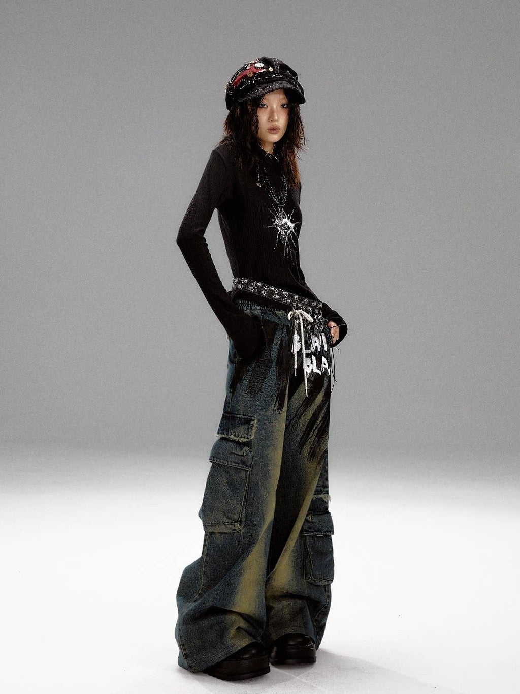 Frustration Garden Retro Blue Natural Waist Punk Loose Fit Women Denim Wide-Leg Jeans
