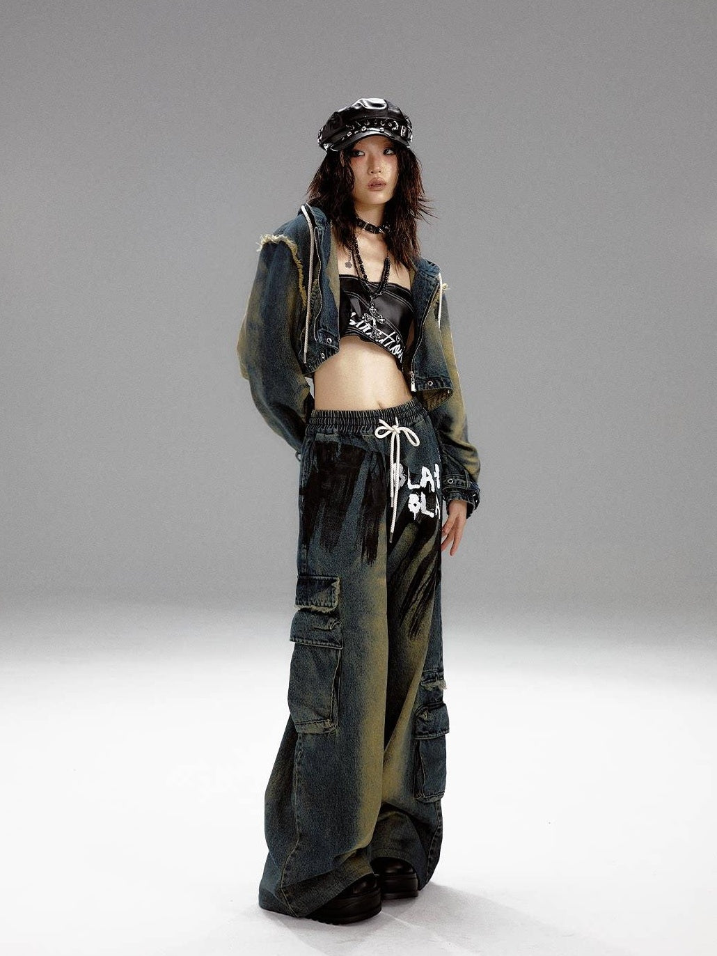 Frustration Garden Retro Blue Natural Waist Punk Loose Fit Women Denim Wide-Leg Jeans