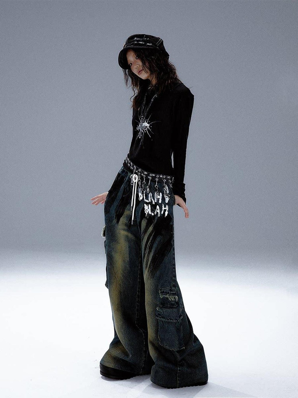 Frustration Garden Retro Blue Natural Waist Punk Loose Fit Women Denim Wide-Leg Jeans