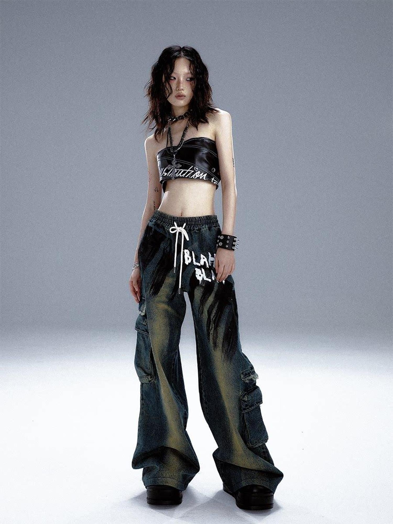 Frustration Garden Retro Blue Natural Waist Punk Loose Fit Women Denim Wide-Leg Jeans