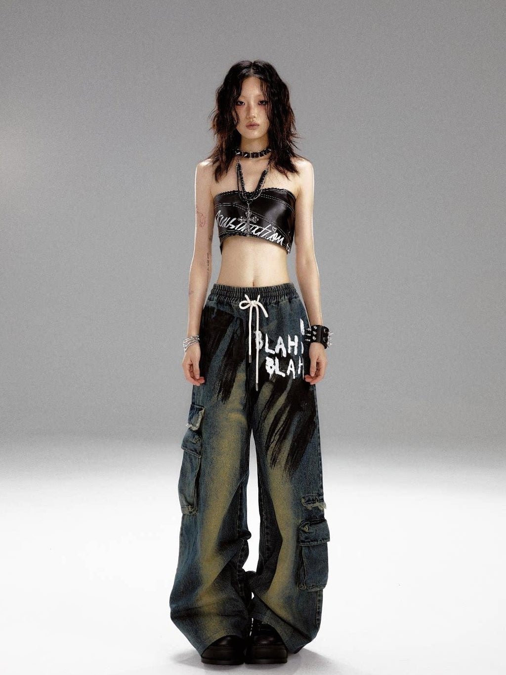 Frustration Garden Retro Blue Natural Waist Punk Loose Fit Women Denim Wide-Leg Jeans