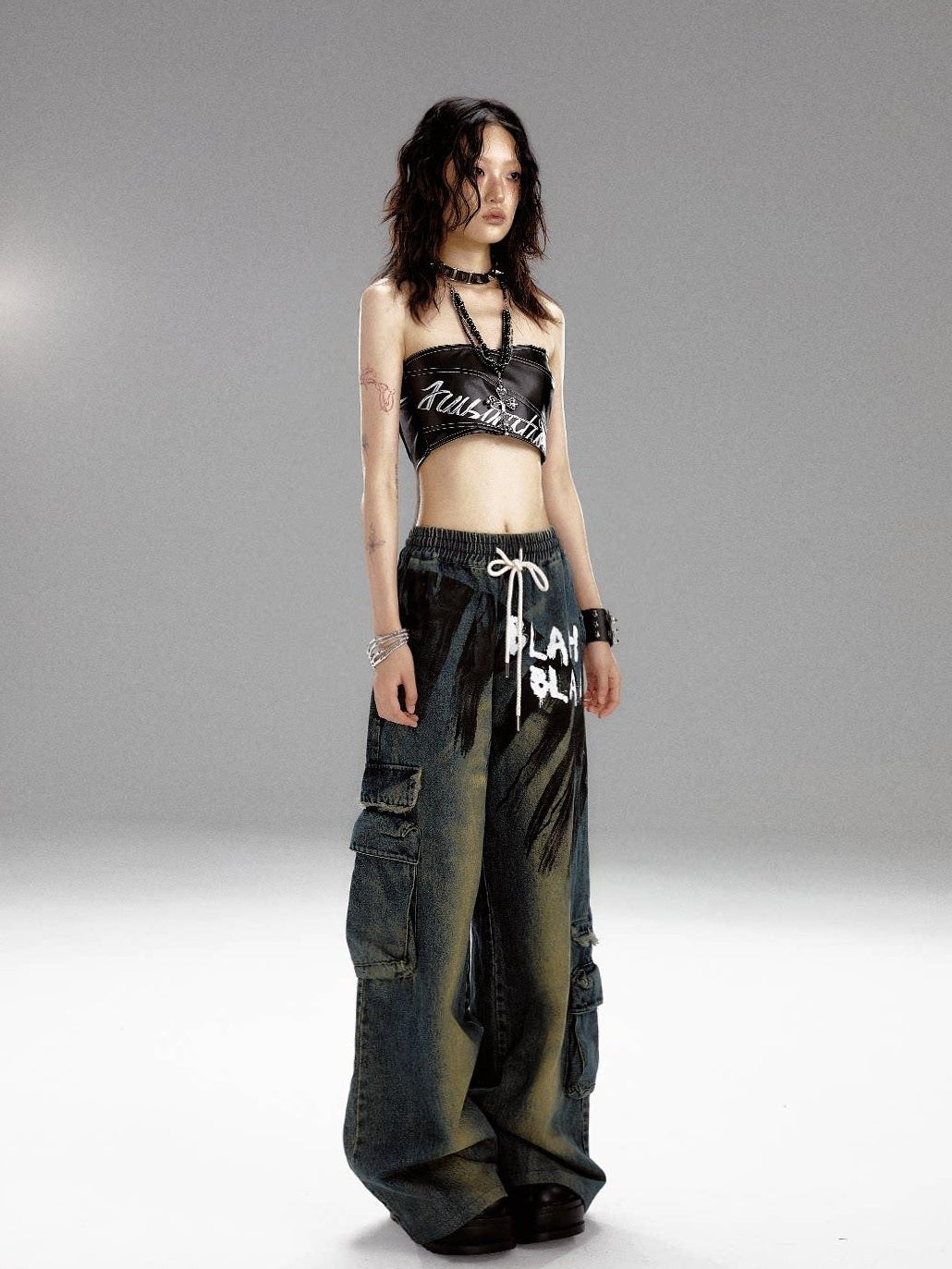 Frustration Garden Retro Blue Natural Waist Punk Loose Fit Women Denim Wide-Leg Jeans