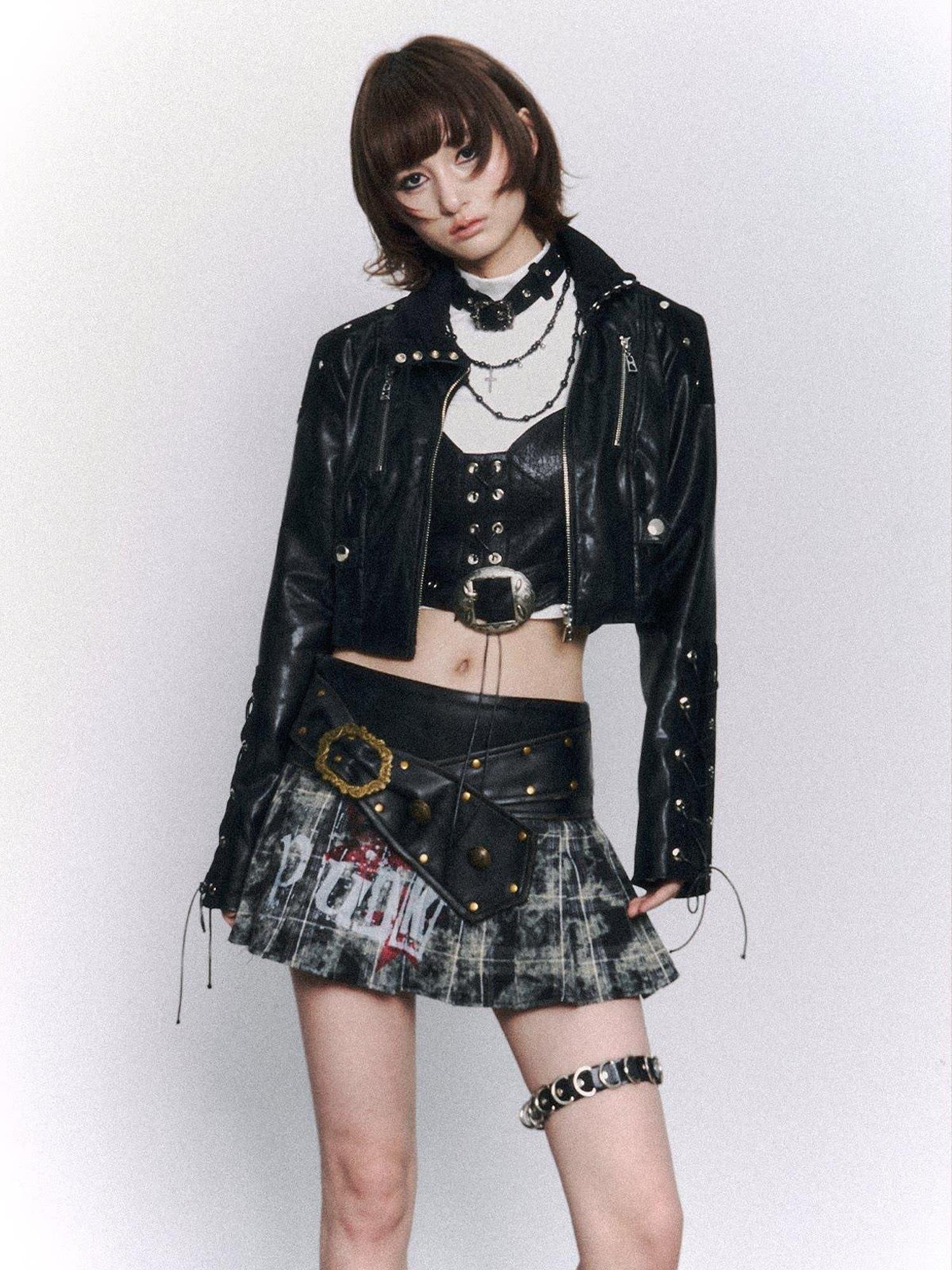 Frustration Garden Shiny Patchwork Slim Fit Cowl Collar Cropped Zip Black Pu Leather Jackets