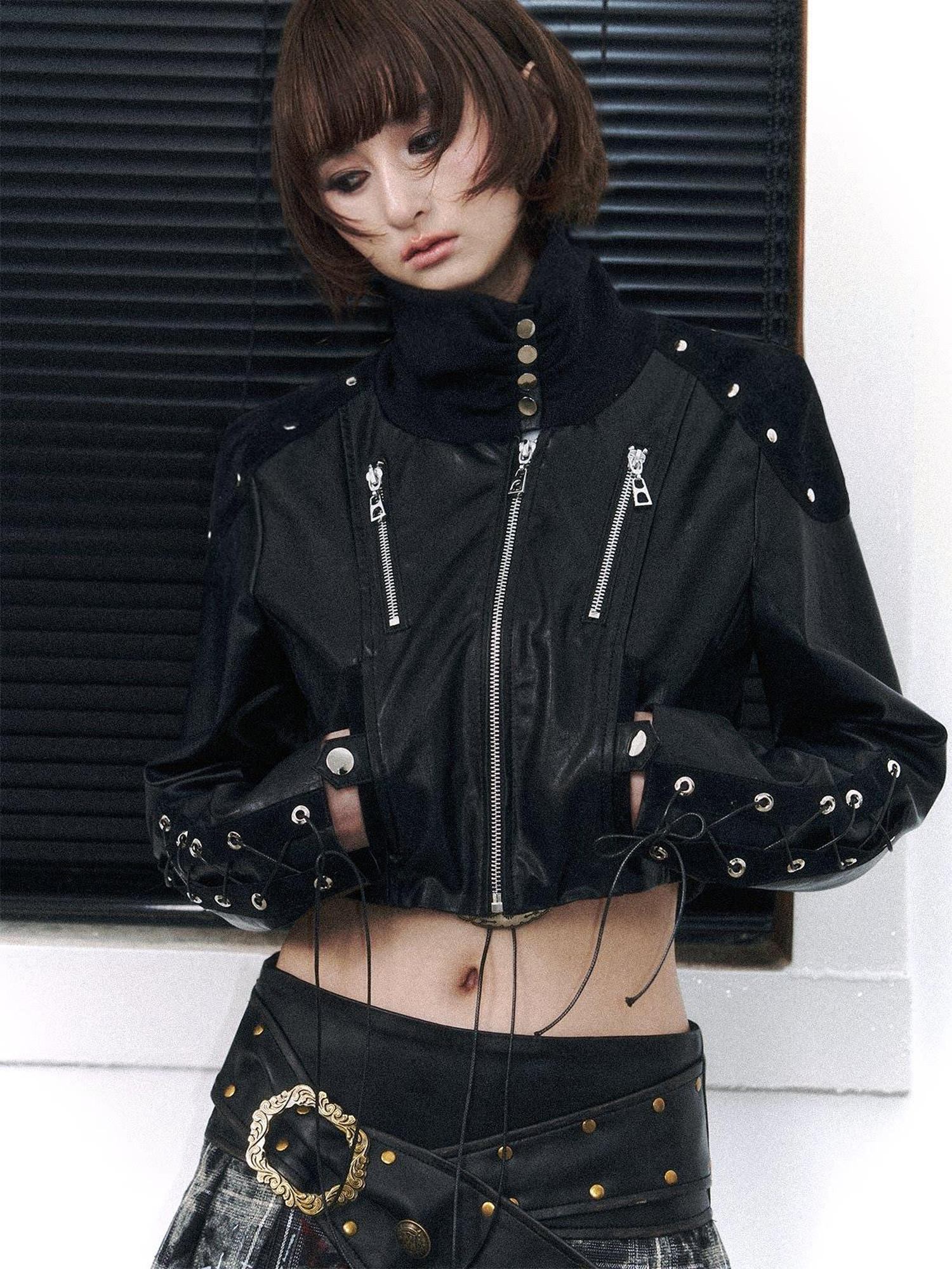 Frustration Garden Shiny Patchwork Slim Fit Cowl Collar Cropped Zip Black Pu Leather Jackets