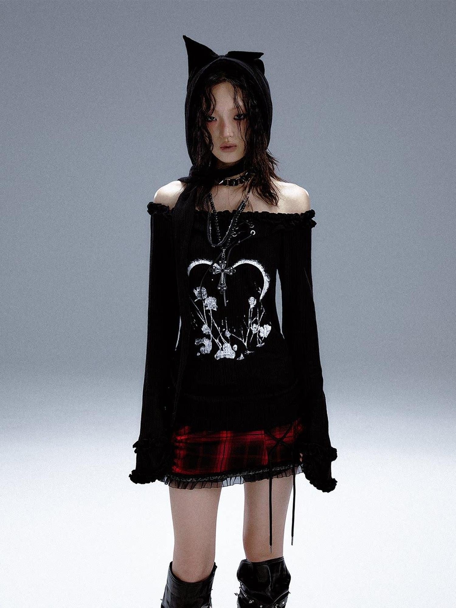 Frustration Garden Slim Fit 3D Embellished Asymmetric Tie Bell Sleeve Black Long Sleeve T-Shirts