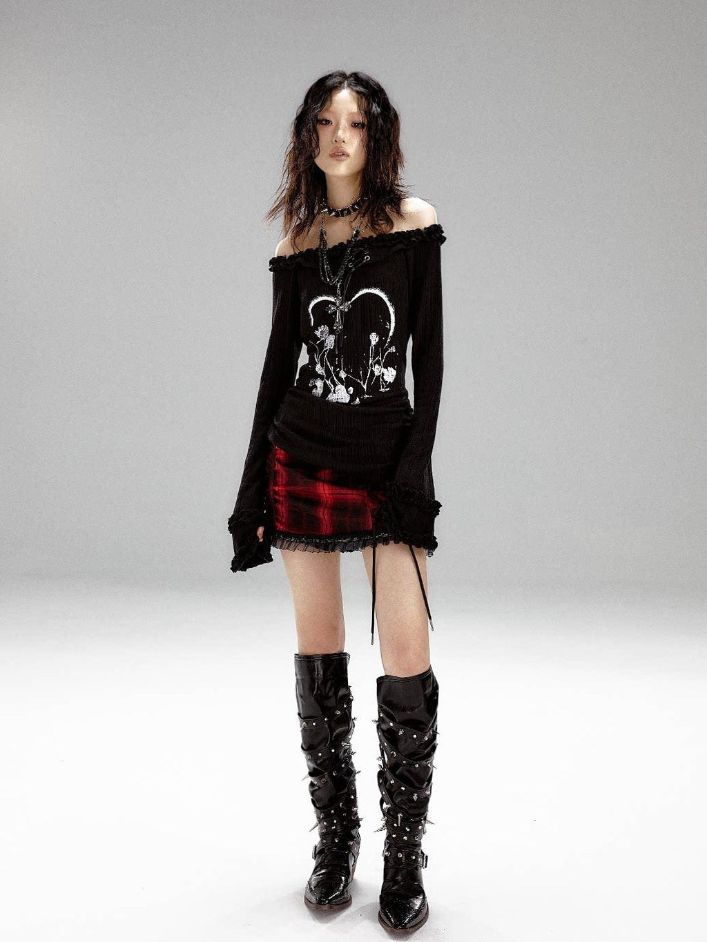 Frustration Garden Slim Fit 3D Embellished Asymmetric Tie Bell Sleeve Black Long Sleeve T-Shirts