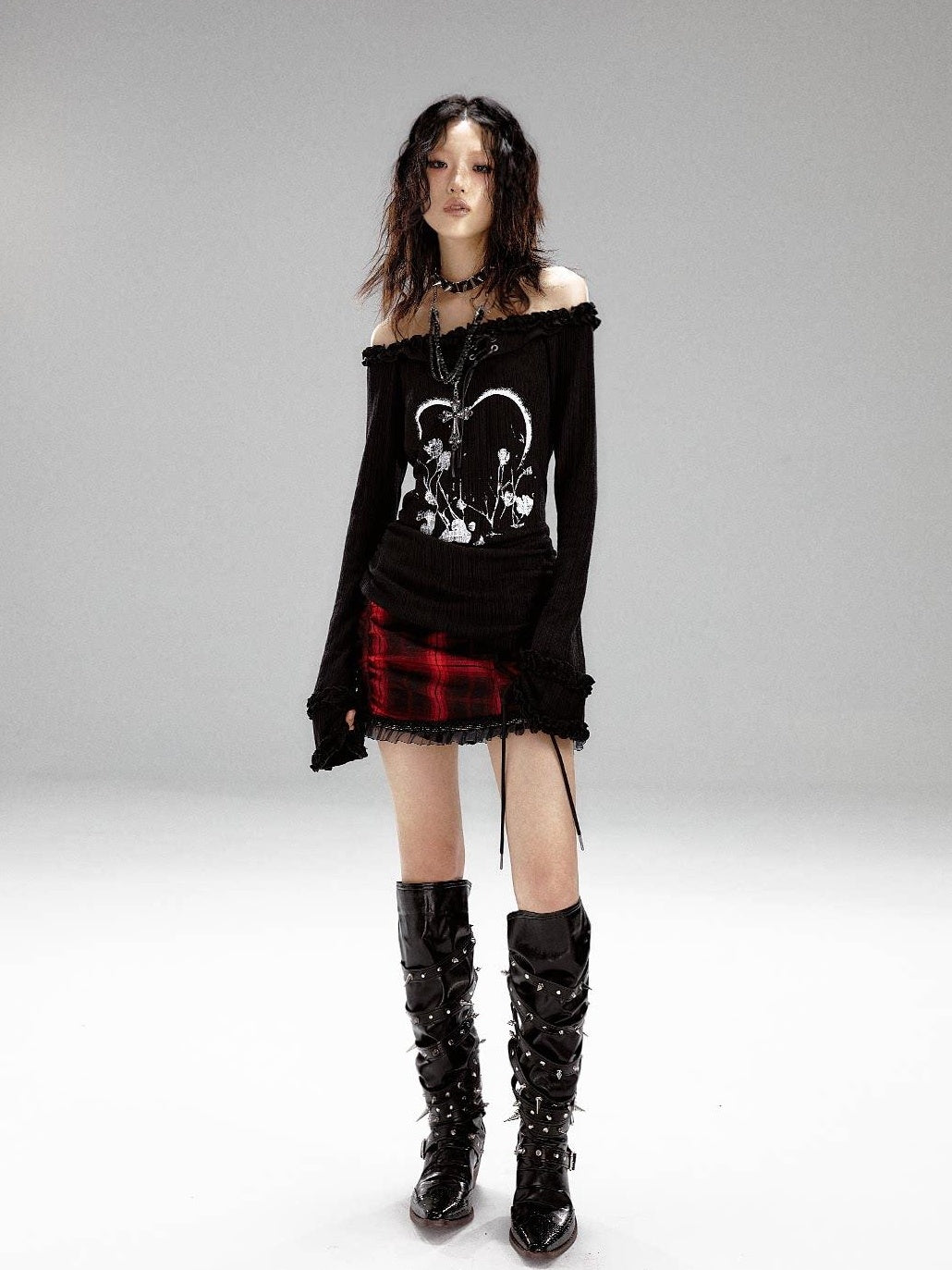 Frustration Garden Slim Fit 3D Embellished Asymmetric Tie Bell Sleeve Black Long Sleeve T-Shirts