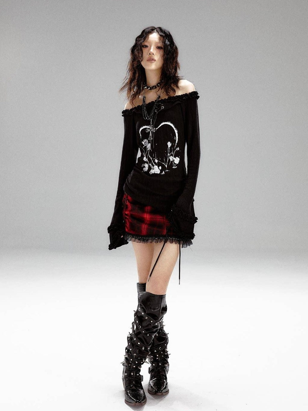 Frustration Garden Slim Fit 3D Embellished Asymmetric Tie Bell Sleeve Black Long Sleeve T-Shirts