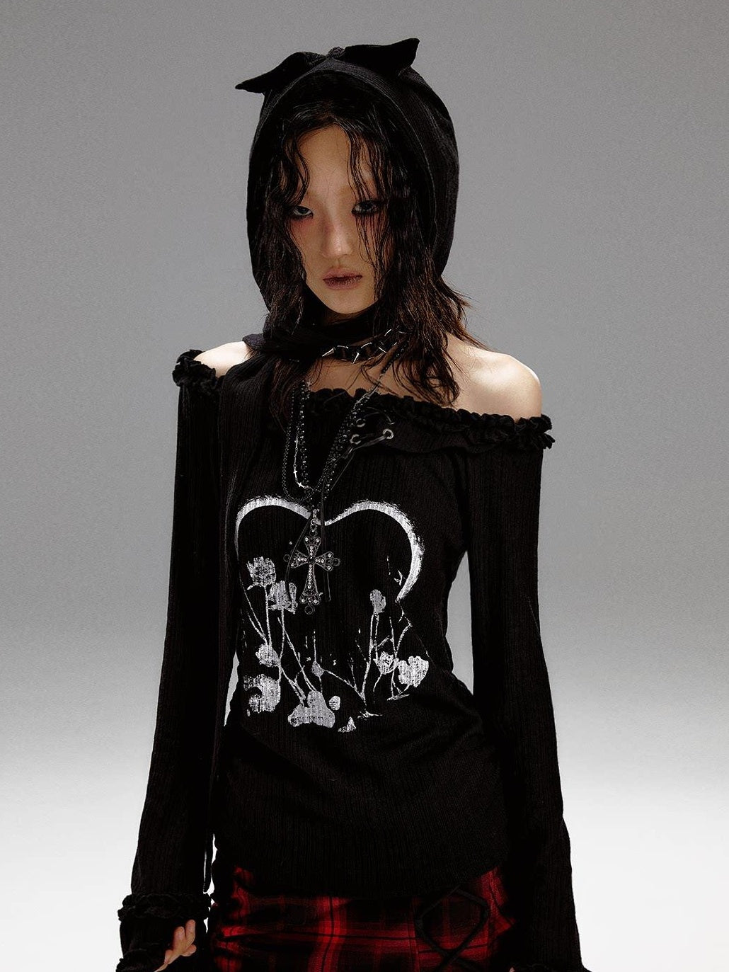 Frustration Garden Slim Fit 3D Embellished Asymmetric Tie Bell Sleeve Black Long Sleeve T-Shirts