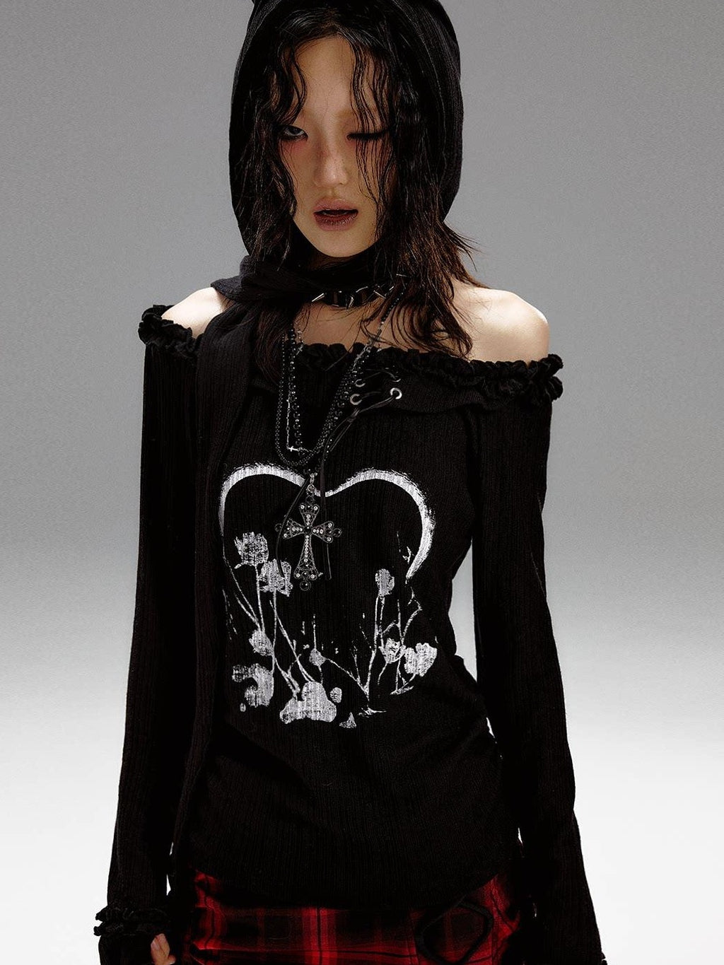 Frustration Garden Slim Fit 3D Embellished Asymmetric Tie Bell Sleeve Black Long Sleeve T-Shirts