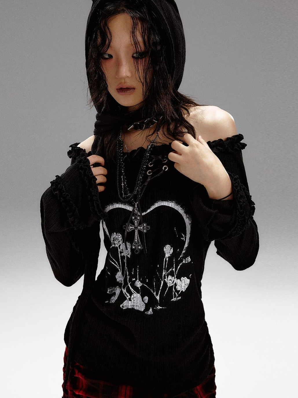 Frustration Garden Slim Fit 3D Embellished Asymmetric Tie Bell Sleeve Black Long Sleeve T-Shirts