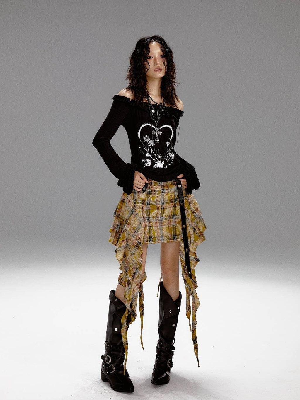 Frustration Garden Slim Fit 3D Embellished Asymmetric Tie Bell Sleeve Black Long Sleeve T-Shirts