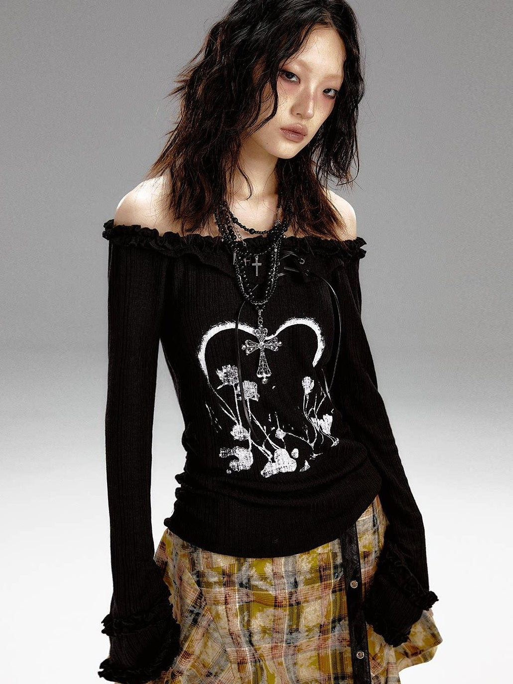 Frustration Garden Slim Fit 3D Embellished Asymmetric Tie Bell Sleeve Black Long Sleeve T-Shirts
