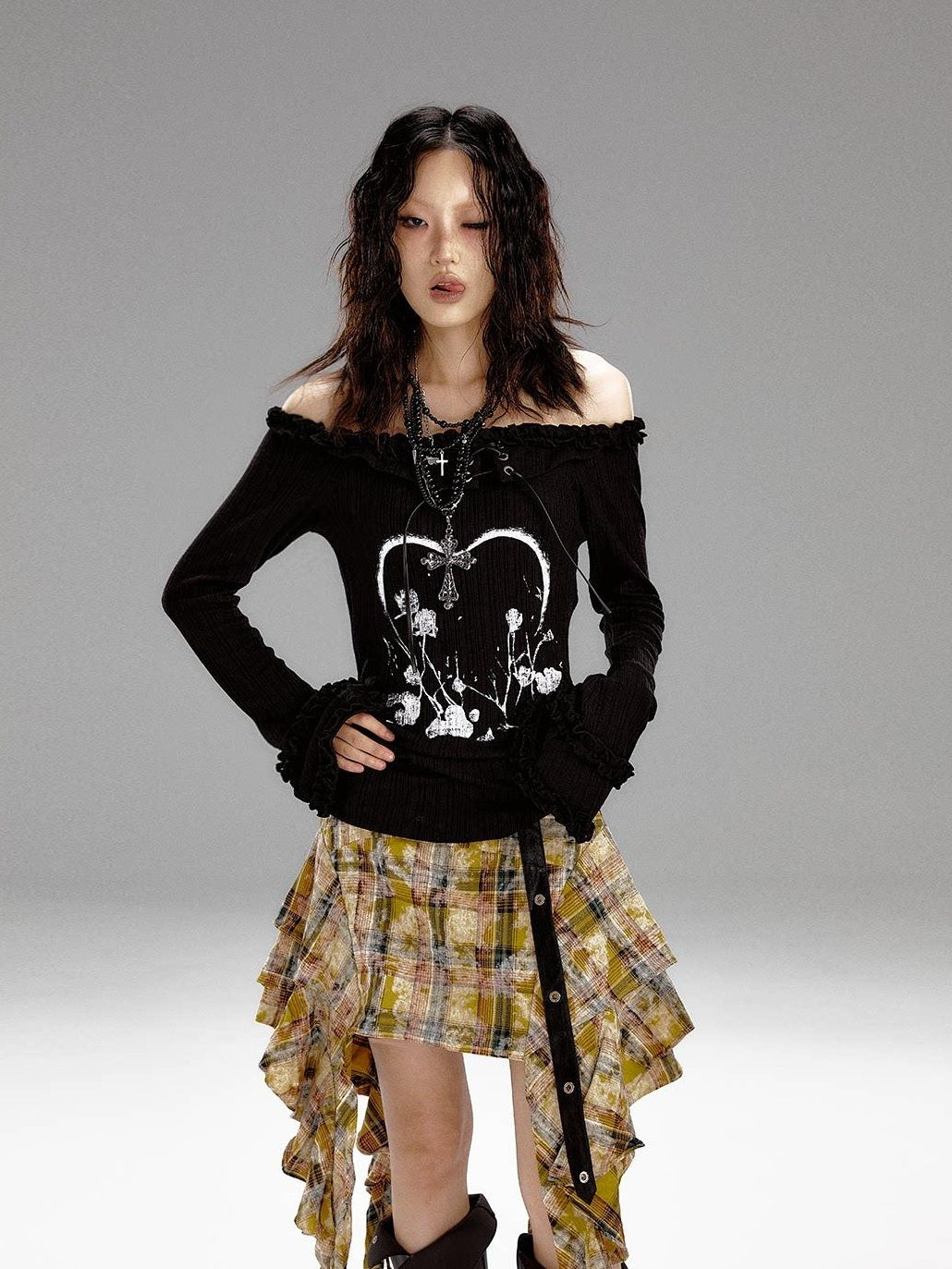 Frustration Garden Slim Fit 3D Embellished Asymmetric Tie Bell Sleeve Black Long Sleeve T-Shirts