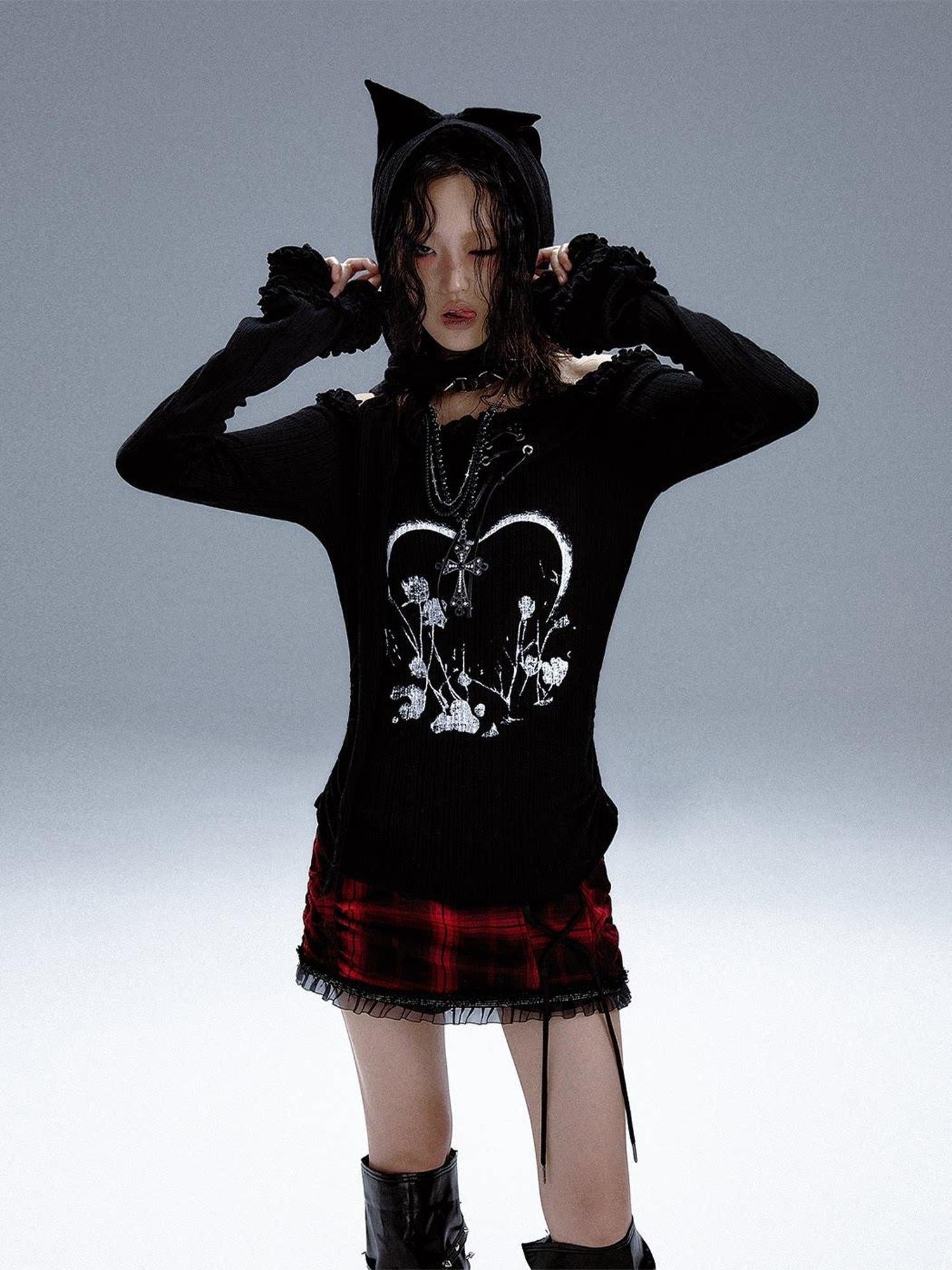 Frustration Garden Slim Fit 3D Embellished Asymmetric Tie Bell Sleeve Black Long Sleeve T-Shirts