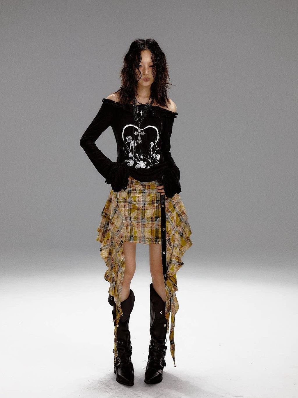 Frustration Garden Slim Fit 3D Embellished Asymmetric Tie Bell Sleeve Black Long Sleeve T-Shirts