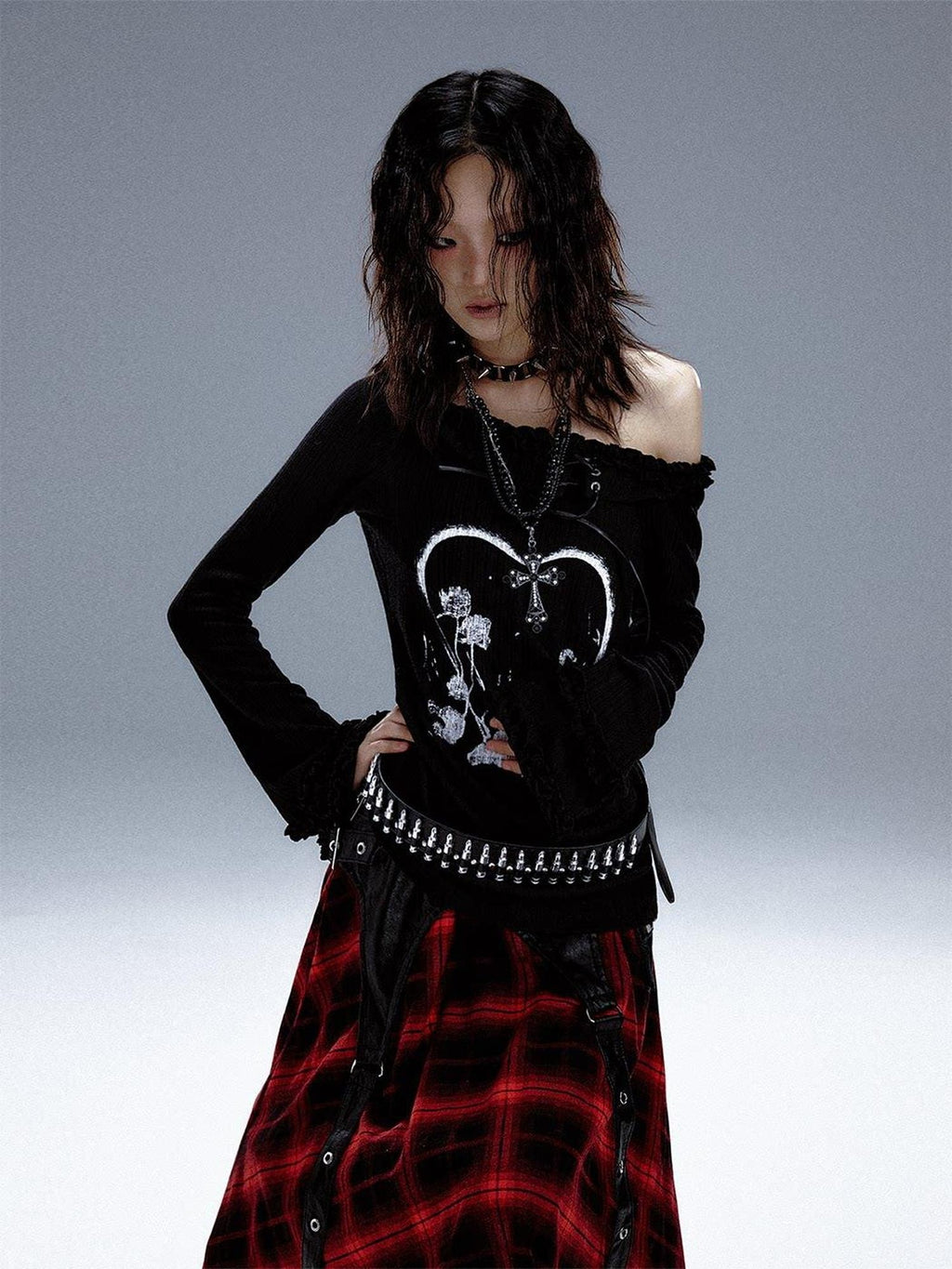 Frustration Garden Slim Fit 3D Embellished Asymmetric Tie Bell Sleeve Black Long Sleeve T-Shirts