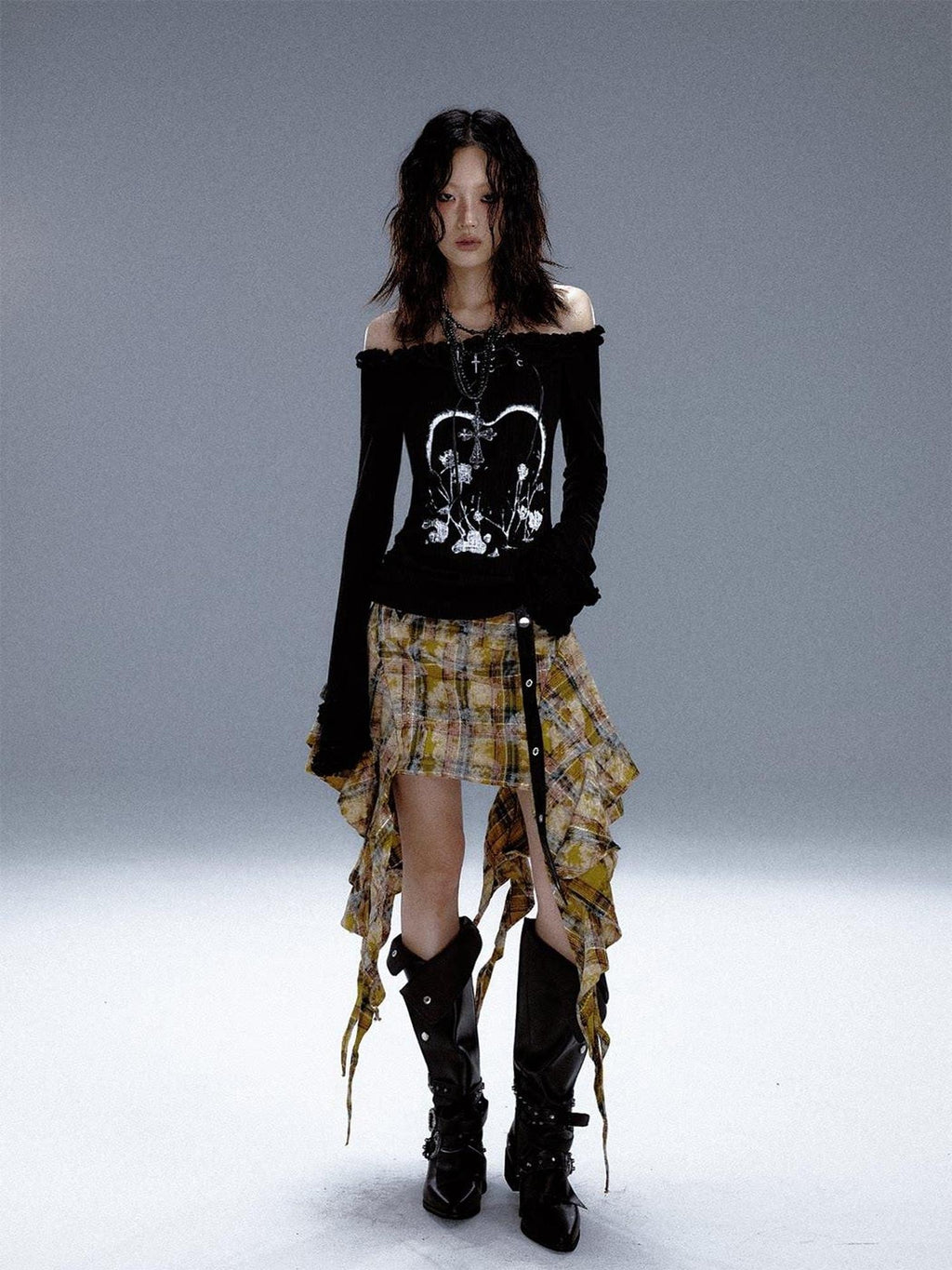 Frustration Garden Slim Fit 3D Embellished Asymmetric Tie Bell Sleeve Black Long Sleeve T-Shirts