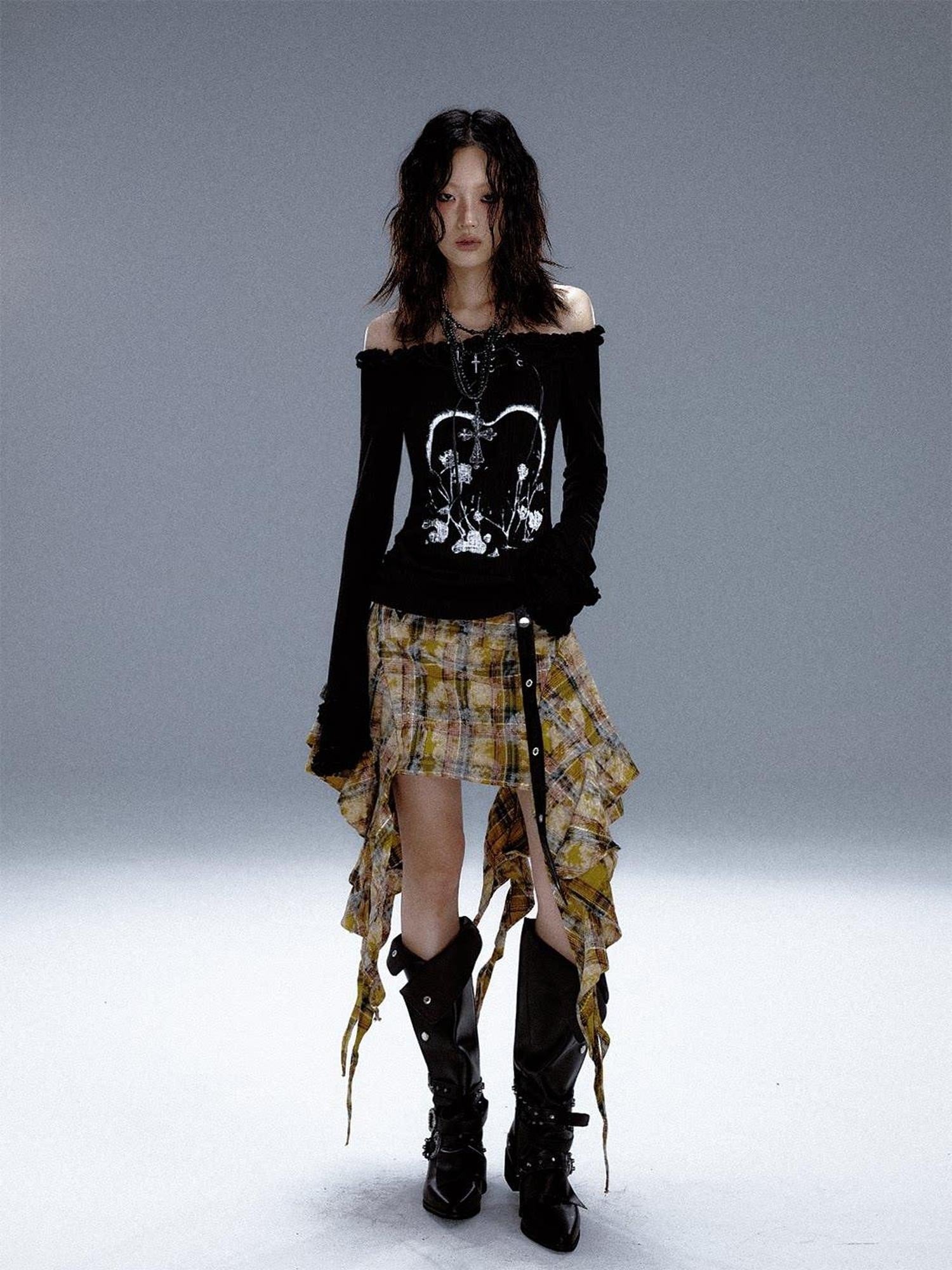 Frustration Garden Slim Fit 3D Embellished Asymmetric Tie Bell Sleeve Black Long Sleeve T-Shirts