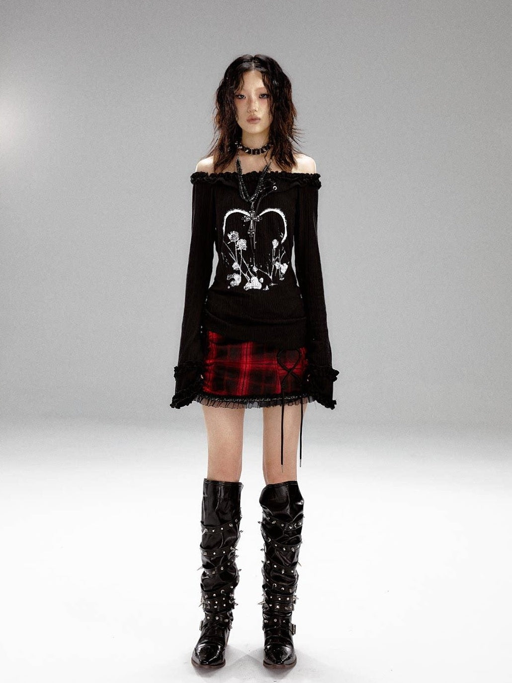 Frustration Garden Slim Fit 3D Embellished Asymmetric Tie Bell Sleeve Black Long Sleeve T-Shirts