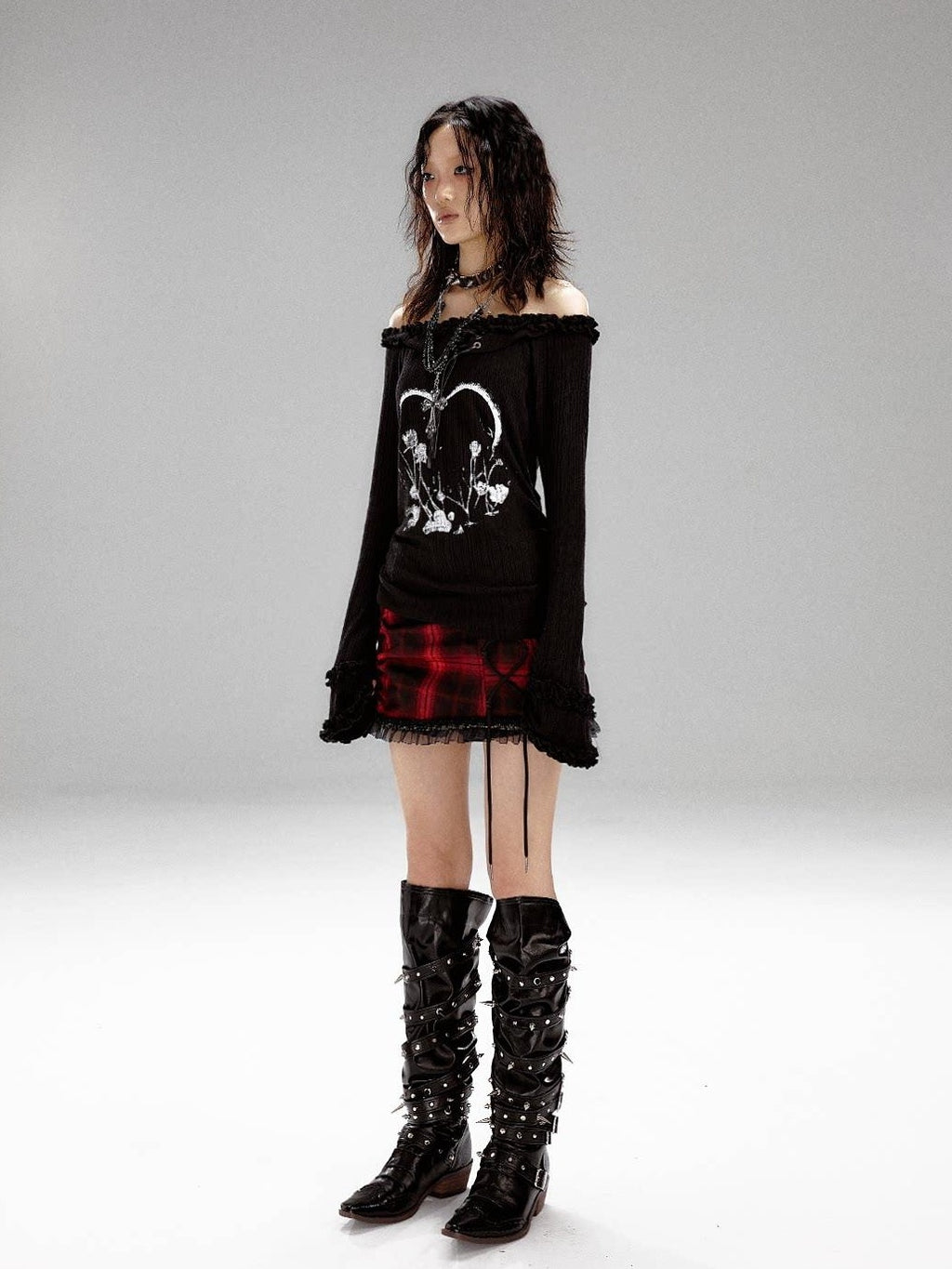 Frustration Garden Slim Fit 3D Embellished Asymmetric Tie Bell Sleeve Black Long Sleeve T-Shirts