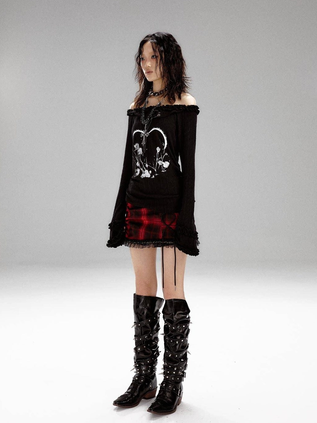 Frustration Garden Slim Fit 3D Embellished Asymmetric Tie Bell Sleeve Black Long Sleeve T-Shirts