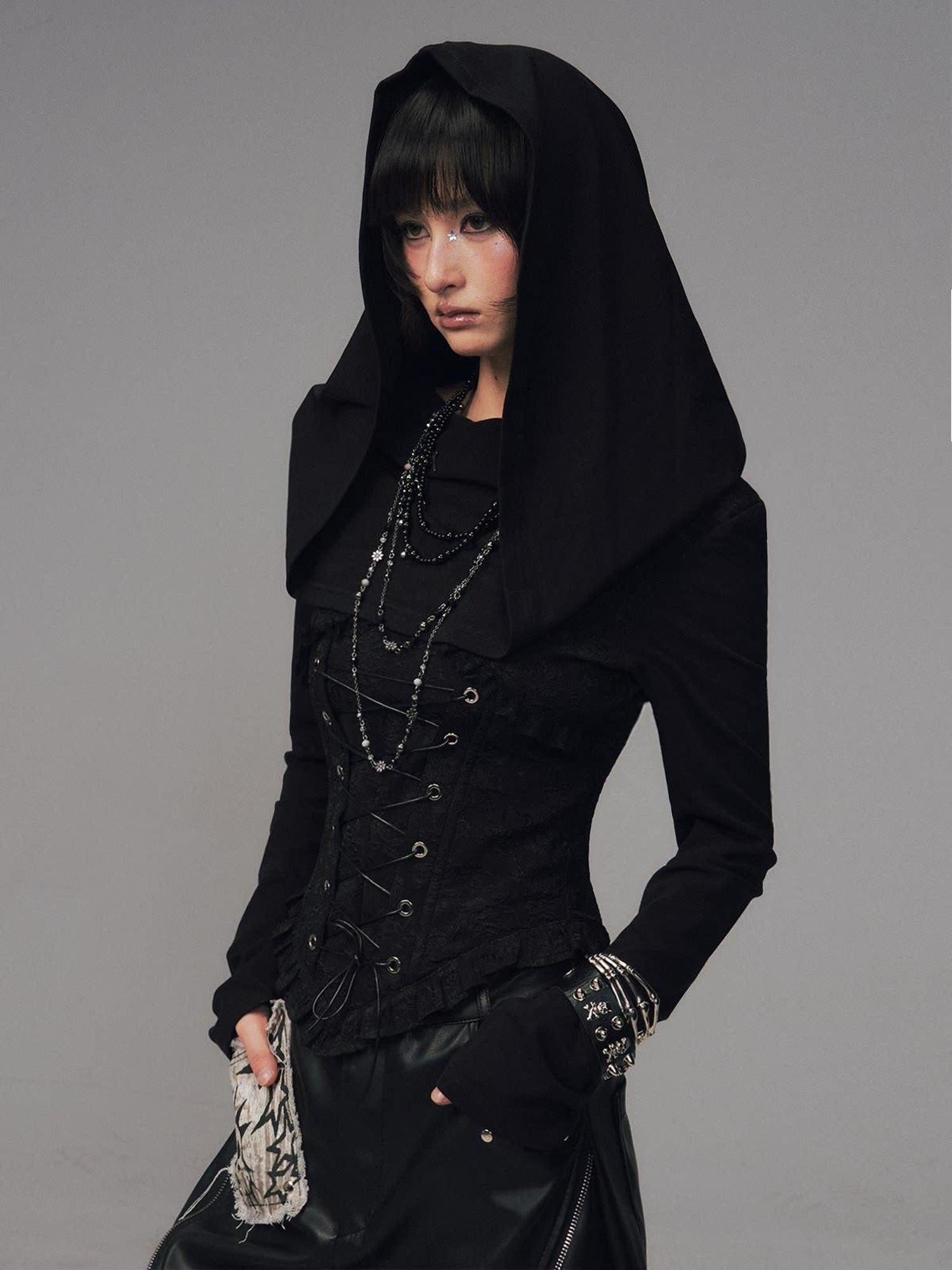 Frustration Garden Slim Fit Gothic Hooded Jacquard Patchwork Tie Women Black Long Sleeve T-Shirts