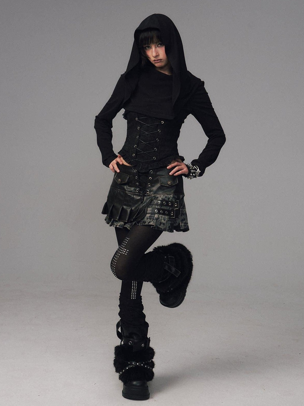 Frustration Garden Slim Fit Gothic Hooded Jacquard Patchwork Tie Women Black Long Sleeve T-Shirts