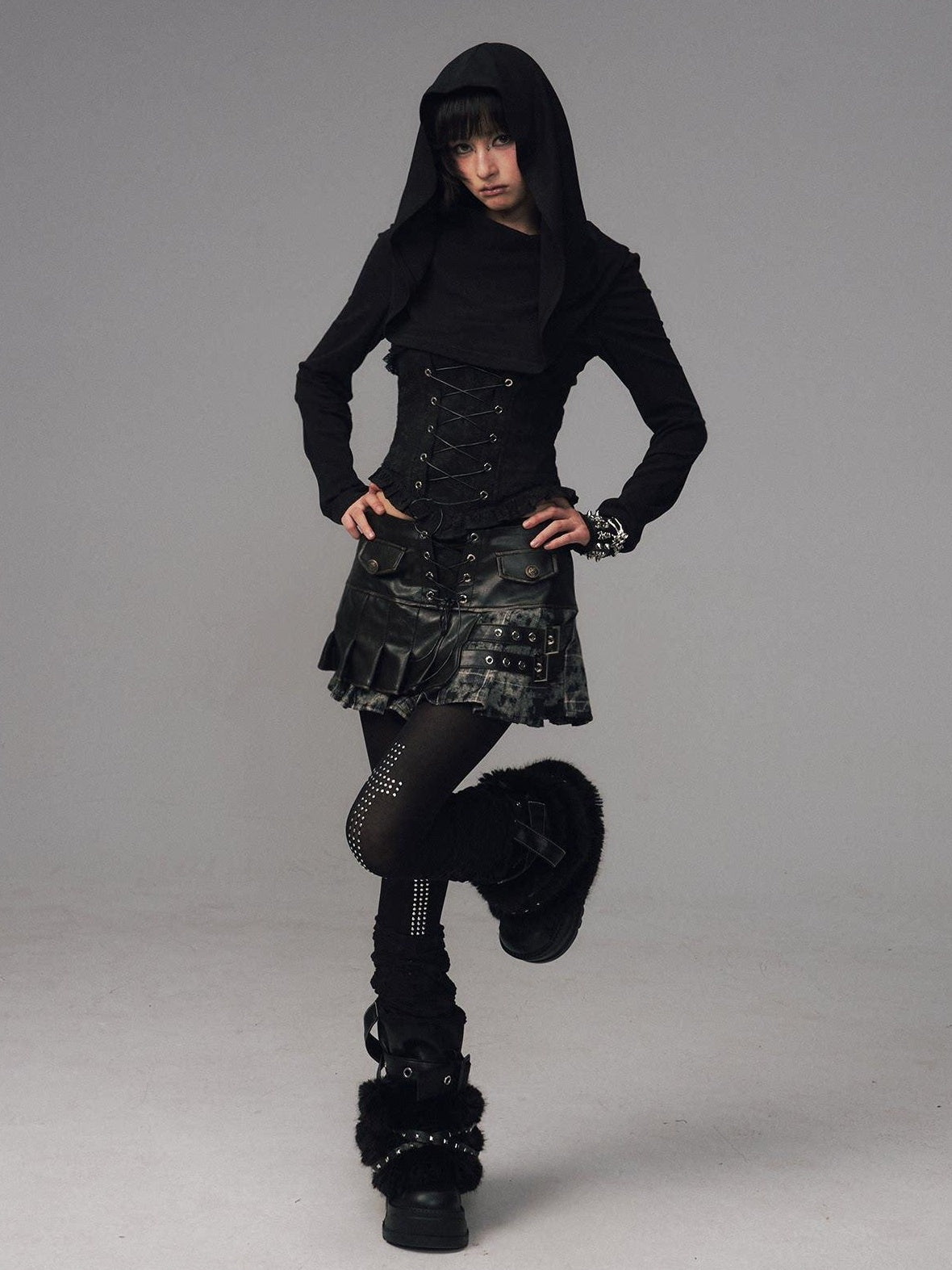 Frustration Garden Slim Fit Gothic Hooded Jacquard Patchwork Tie Women Black Long Sleeve T-Shirts