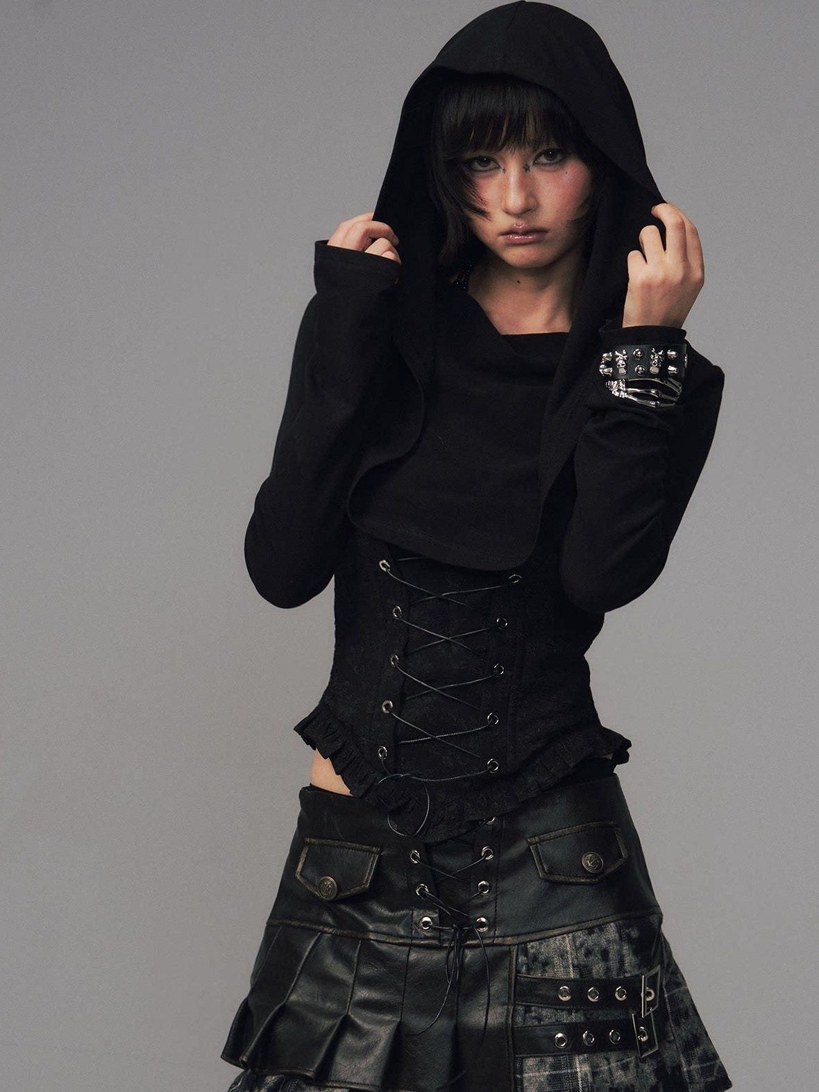 Frustration Garden Slim Fit Gothic Hooded Jacquard Patchwork Tie Women Black Long Sleeve T-Shirts