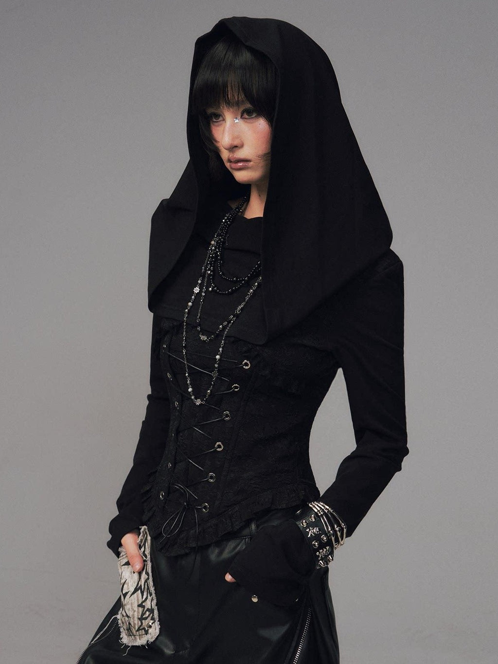 Frustration Garden Slim Fit Gothic Hooded Jacquard Patchwork Tie Women Black Long Sleeve T-Shirts