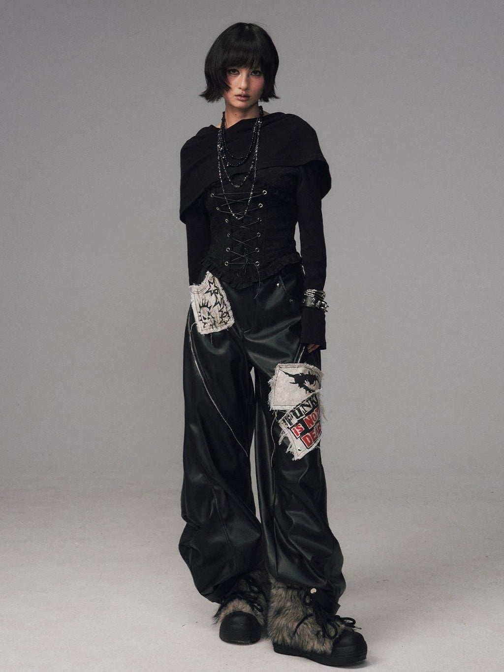 Frustration Garden Slim Fit Gothic Hooded Jacquard Patchwork Tie Women Black Long Sleeve T-Shirts