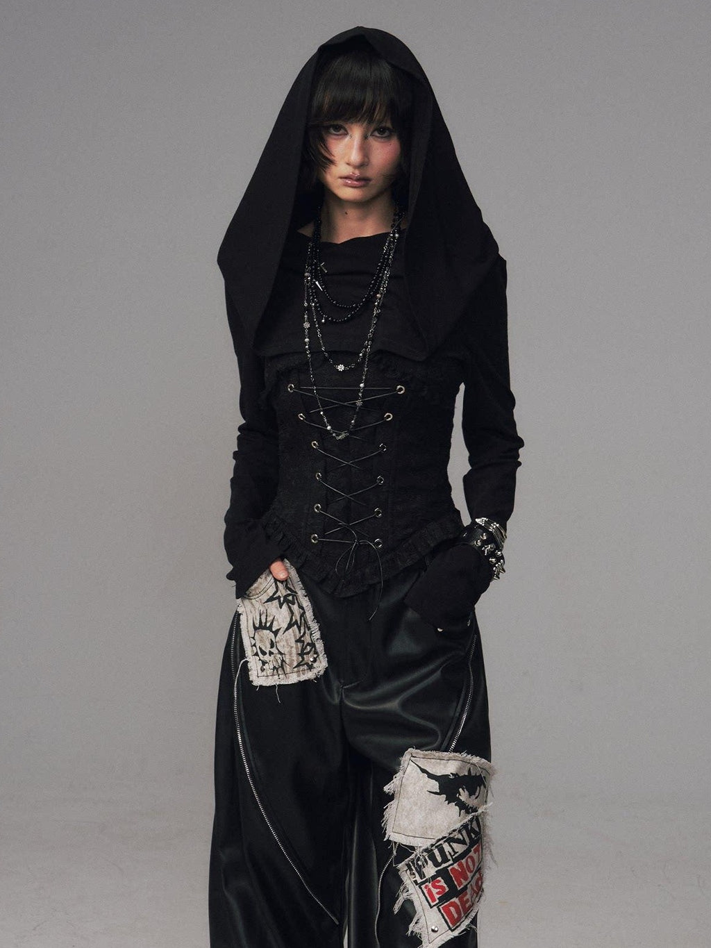 Frustration Garden Slim Fit Gothic Hooded Jacquard Patchwork Tie Women Black Long Sleeve T-Shirts